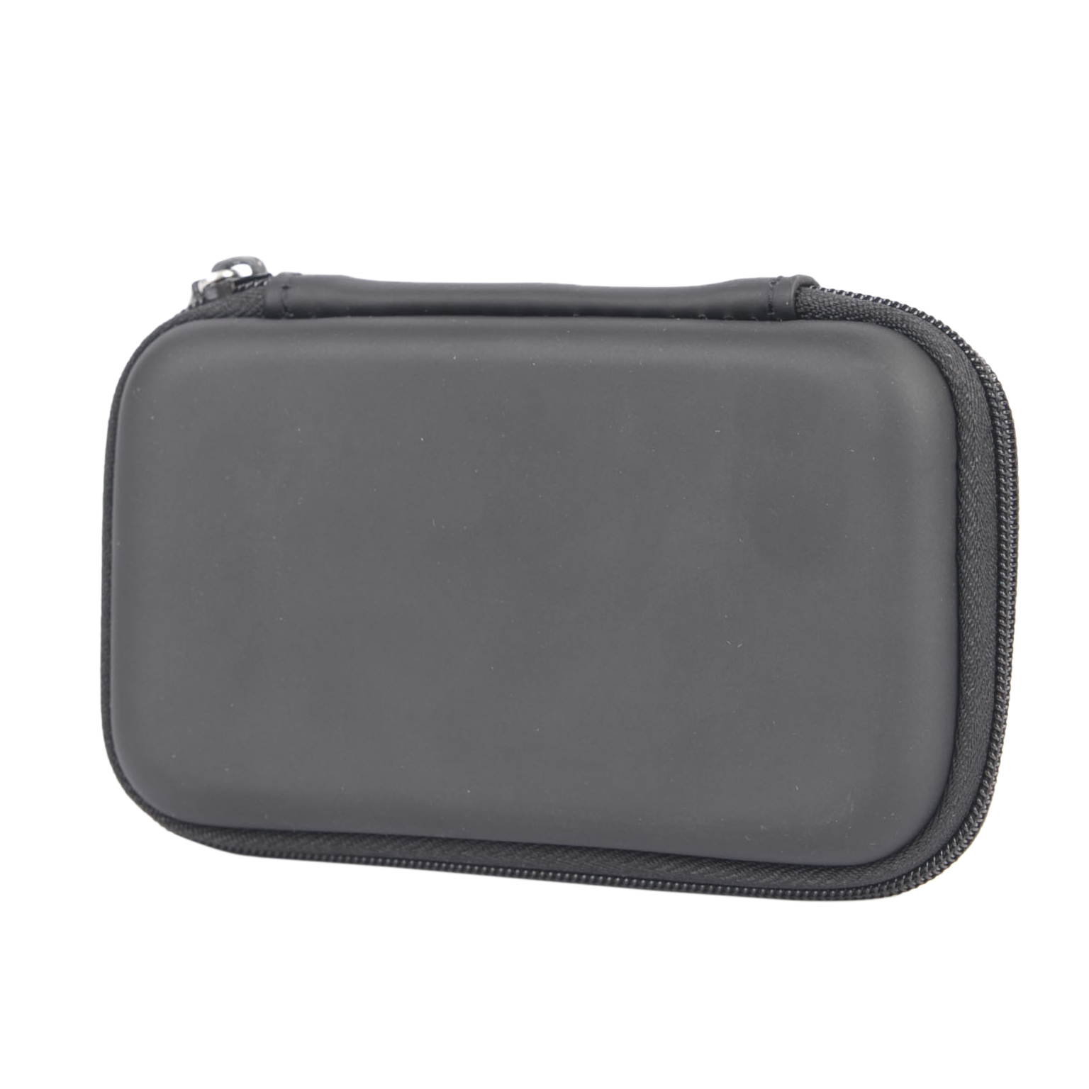 Zamknięte, czarne, prostokątne etui z zamkiem błyskawicznym. Etui na białym tle.