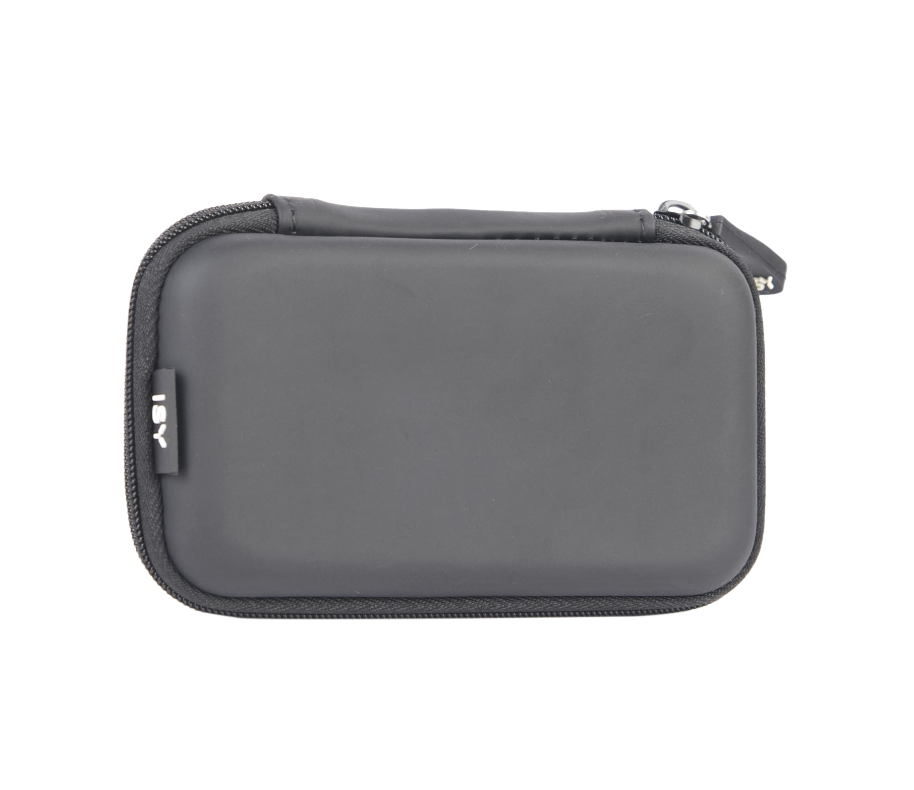 Czarny, prostokątny futerał z zamkiem błyskawicznym. Ma mały uchwyt i logo 'ISY' z boku.