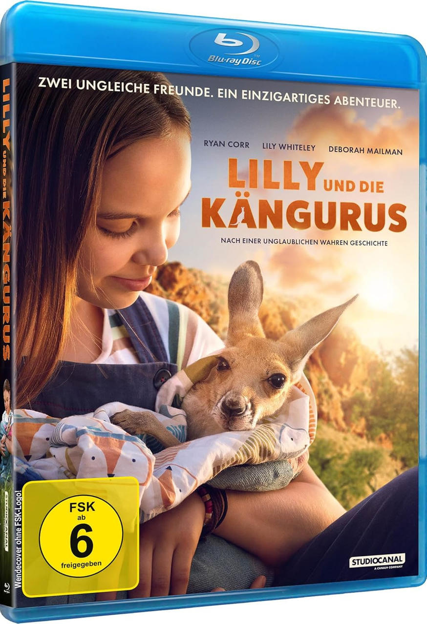 Ein Mädchen hält ein Känguru in einer Decke. Filmtitel ist 'Lilly und die Kangurus'. Blu-ray-Disc.