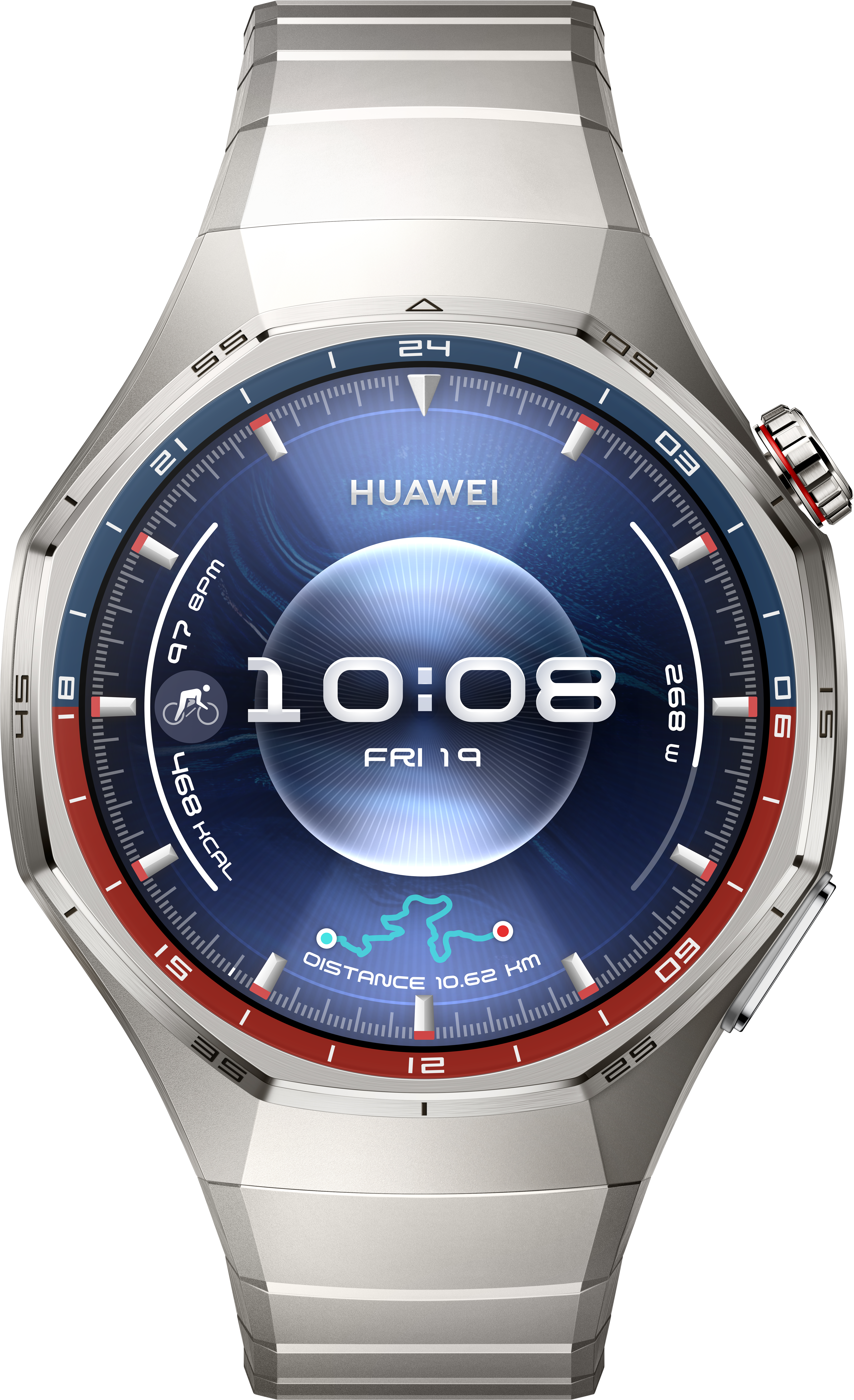Eine Huawei-Smartwatch mit blau-rotem Zifferblatt zeigt Zeit, Datum und Fitnessdaten vor einem silbernen Metallband an.