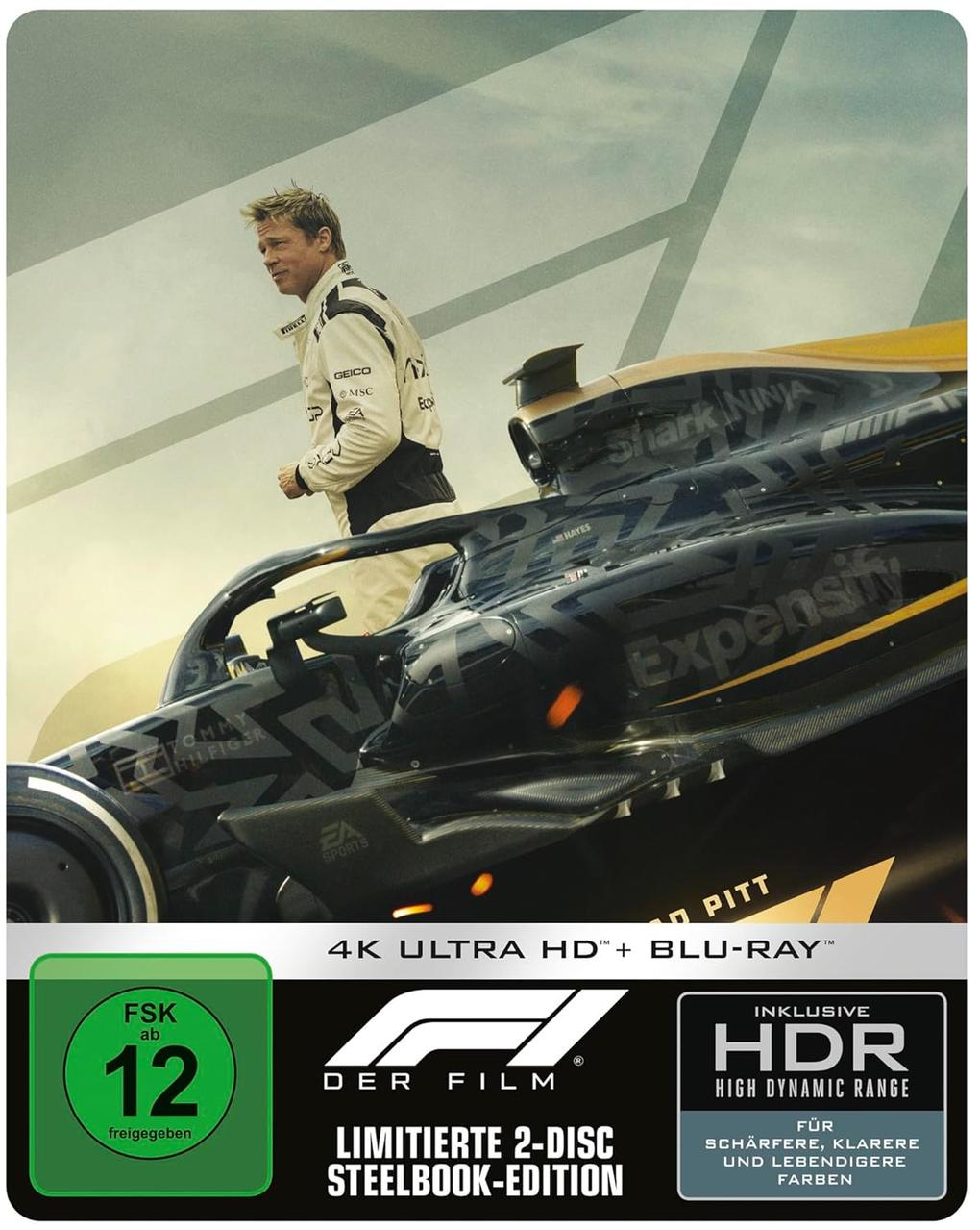 Brad Pitt in Rennanzug neben Formel-1-Auto. Filmtitel und 4K Ultra HD Blu-ray-Informationen werden angezeigt.
