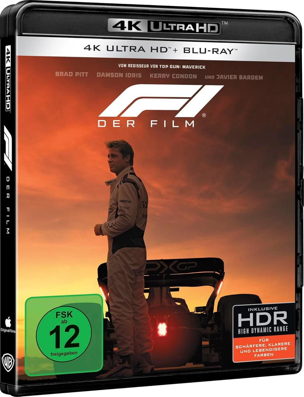 Ein Filmcover zeigt Brad Pitt in einem Rennanzug, den Filmtitel und ein Rennauto. Das Cover weist auf 4K Ultra HD und HDR hin.