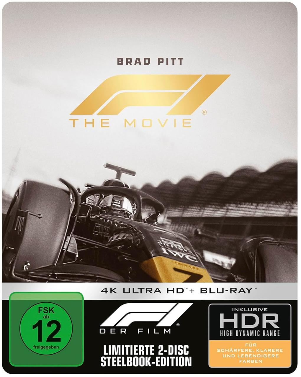 Cover für 'The Movie' mit Brad Pitt. Ein Formel-1-Auto steht im Mittelpunkt, mit Text für 4K Blu-Ray und HDR.