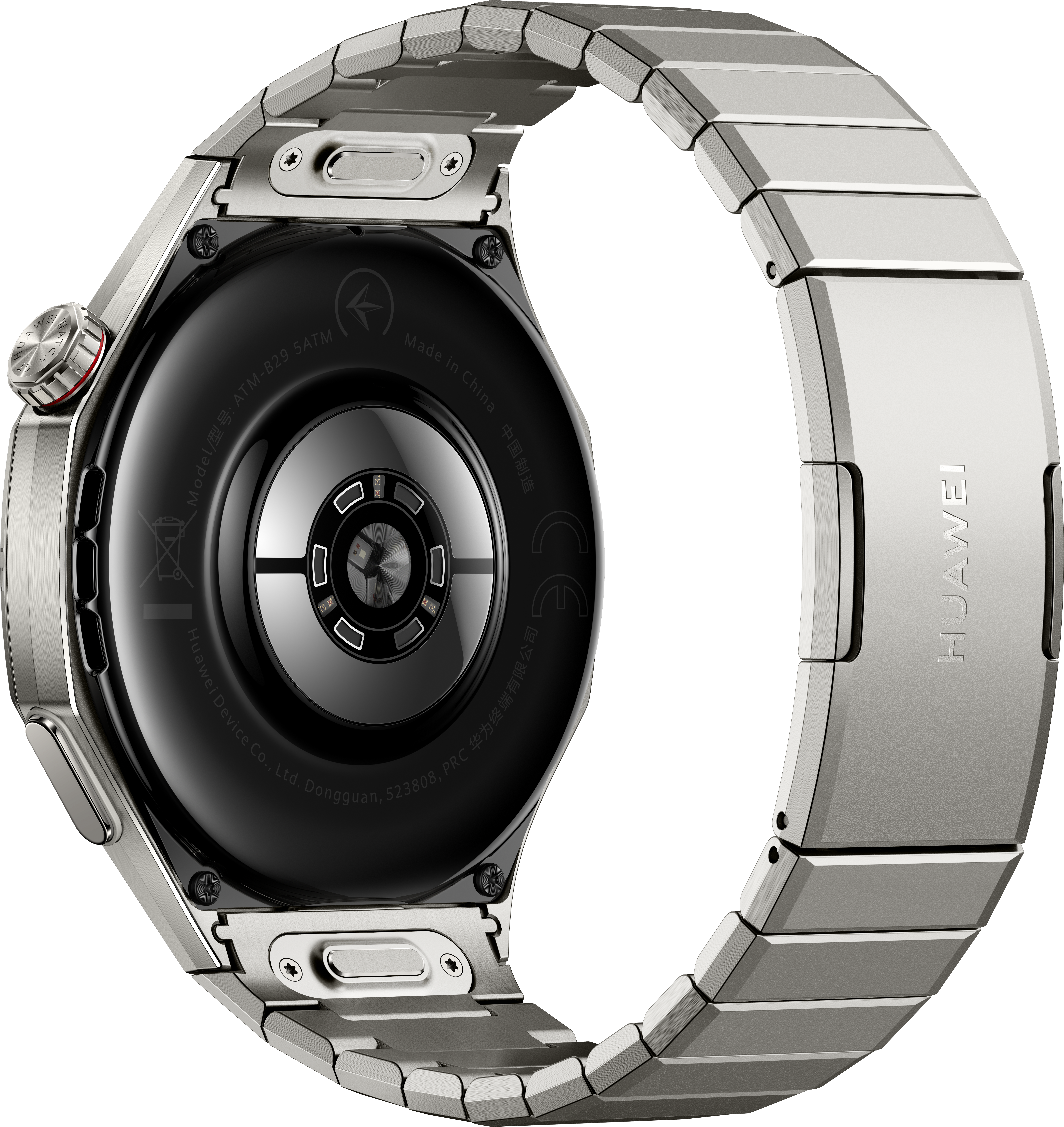 Silberne Huawei-Smartwatch, Rückseite und Armband sichtbar. Die Unterseite der Uhr ist schwarz mit Sensoren. Das Band hat das Huawei-Logo.