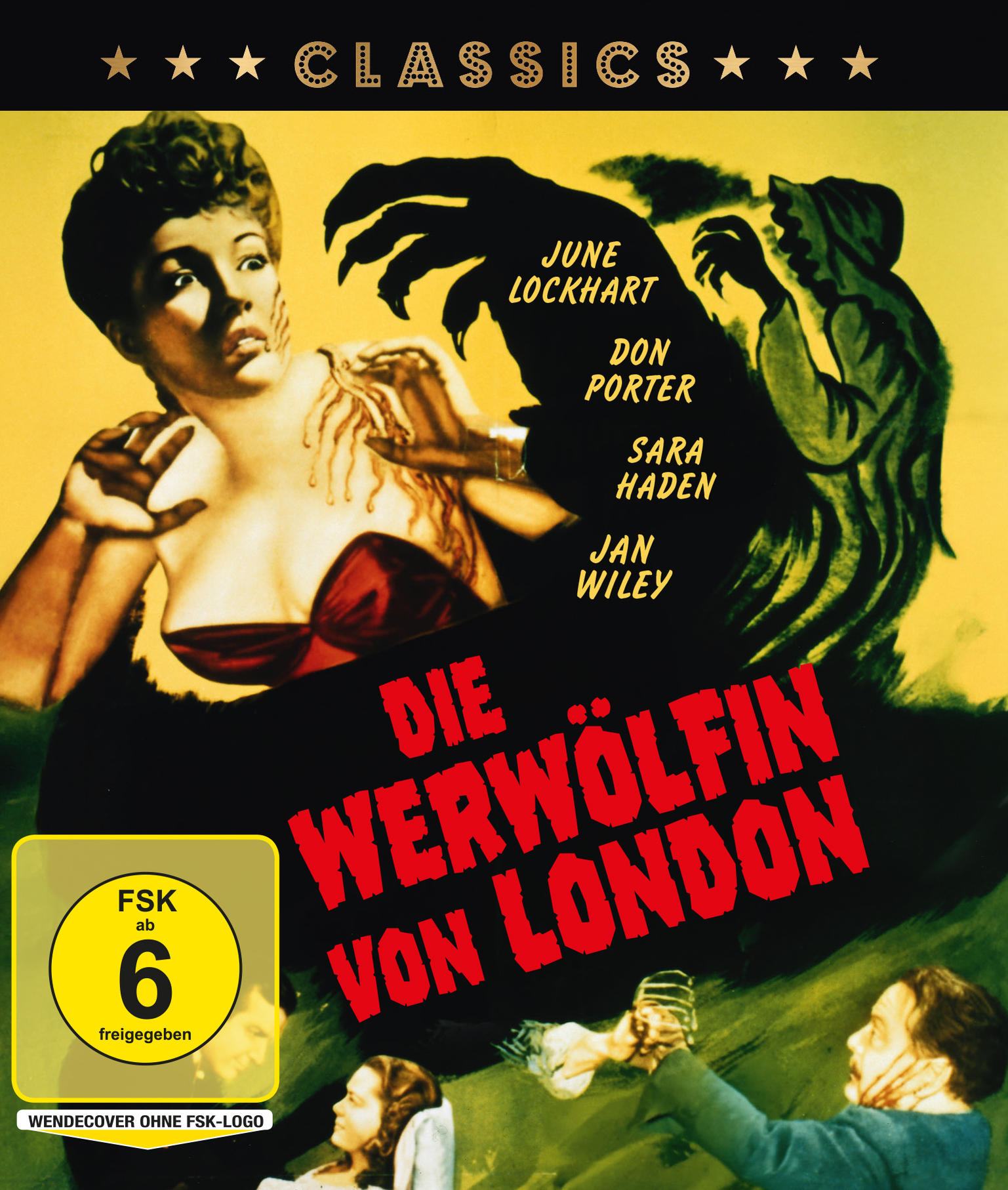 Filmposter mit einer Frau, einer gekrallten Hand und dem Text 'Die Werwölfin von London'.