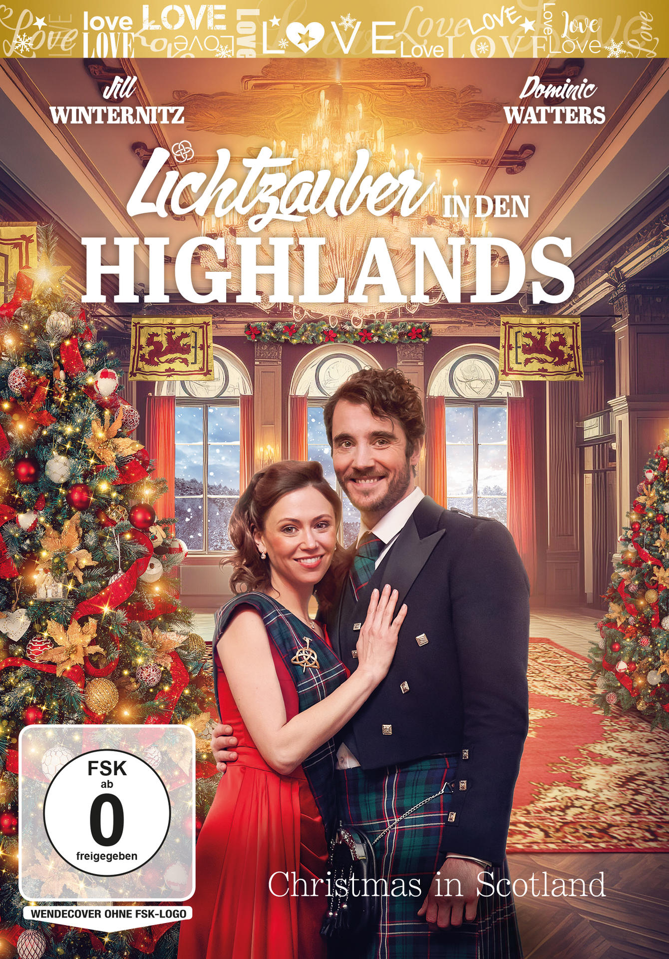 Ein Filmposter zeigt ein sich umarmendes Paar vor einem Weihnachtsbaum. Der Titel lautet "Christmas in Scotland".