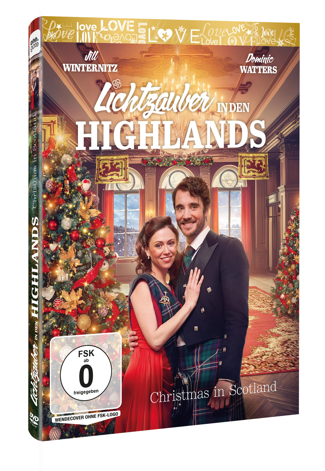 DVD-Cover. Ein Paar in schottischer Tracht. Weihnachtsbaum und festliche Dekorationen im Hintergrund. Titel: Christmas in Scotland.
