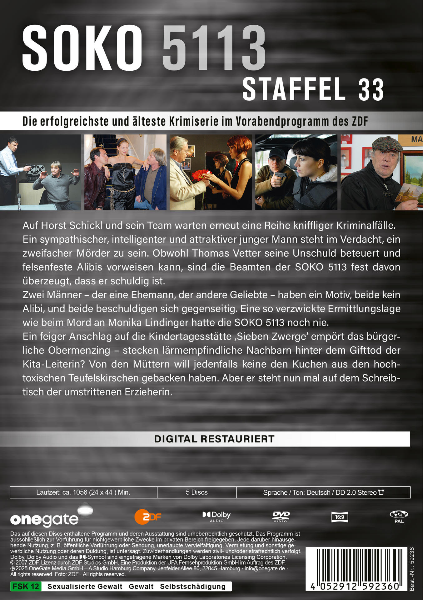 DVD-Cover für SOKO 5113, Staffel 33. Mit Fotos der Darsteller und Text. Enthält Logos von ZDF, Dolby, DVD und Onegate.