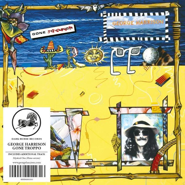 Albumcover mit Kunst. Enthält Text 'Gone Troppo' und 'George Harrison'. Enthält ein Porträt und verschiedene skurrile Illustrationen.