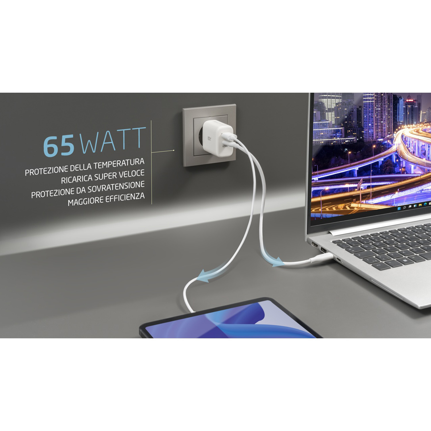 Un laptop, un tablet e un caricatore sono collegati. Il caricatore è collegato a una presa a muro. Testo: '65 WATT' e dettagli di protezione.