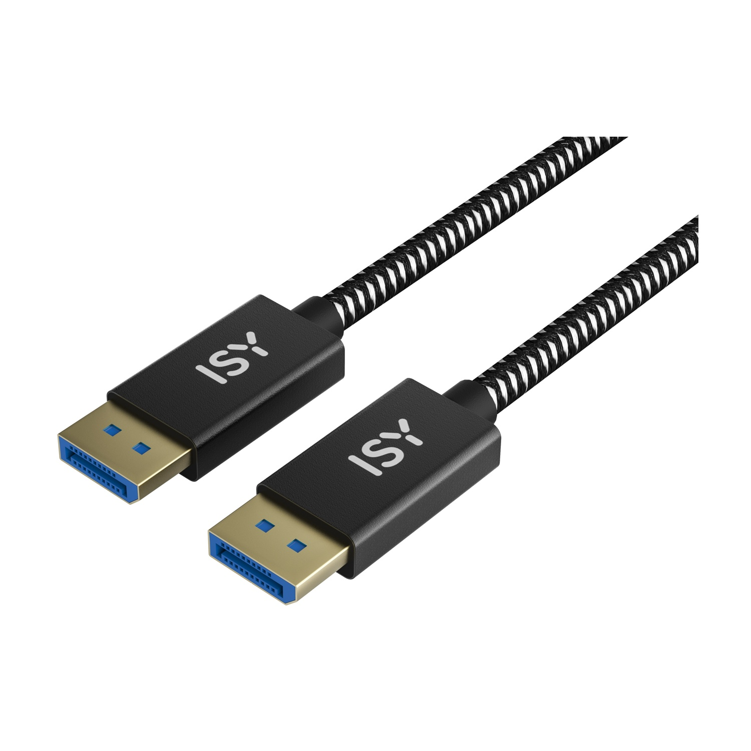 Due cavi USB ISY intrecciati in bianco e nero con connettori dorati su sfondo bianco.