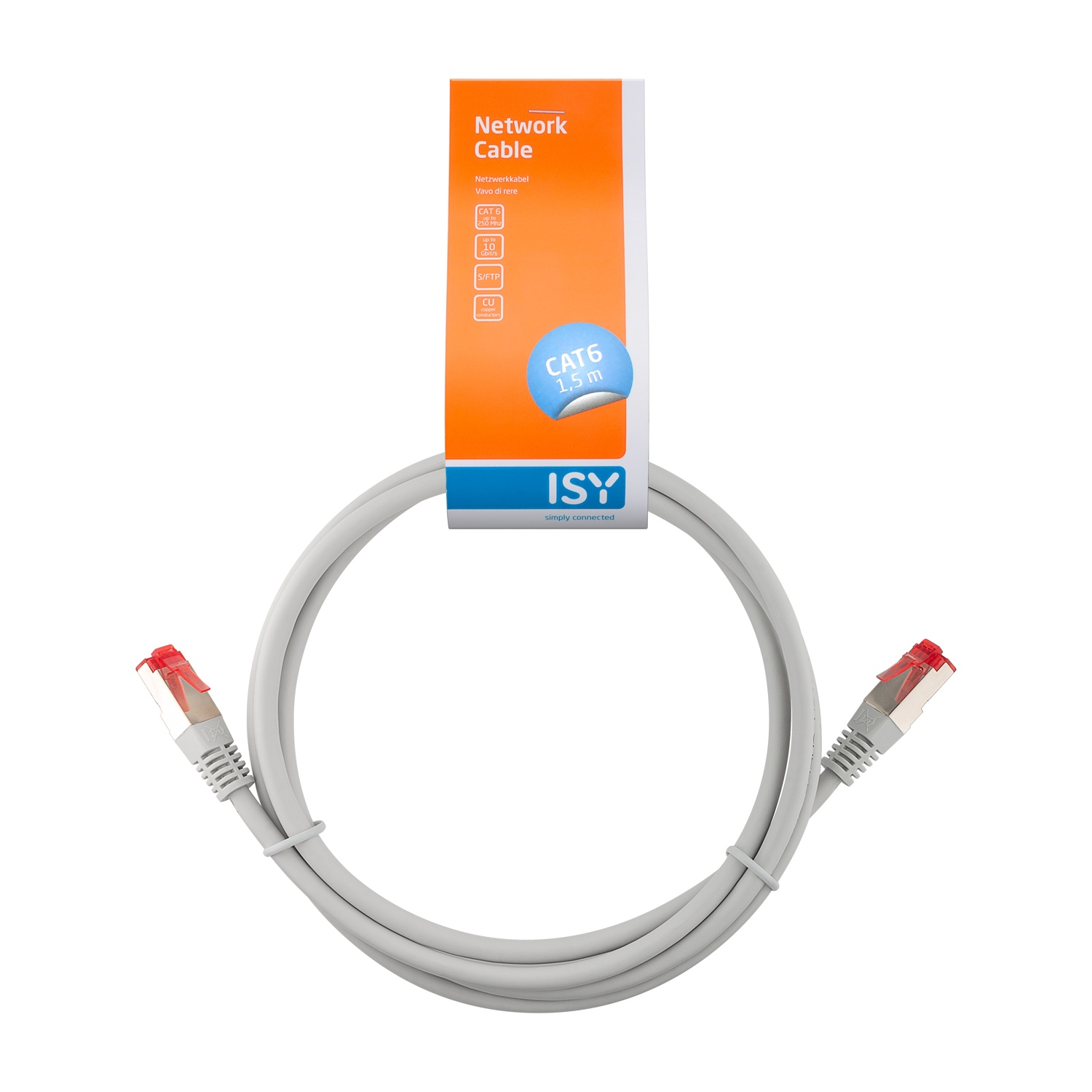 Un cavo di rete grigio con connettori rossi, ad anello, attaccato a un'etichetta arancione e bianca. L'etichetta recita 'Network Cable' e 'CAT6'.