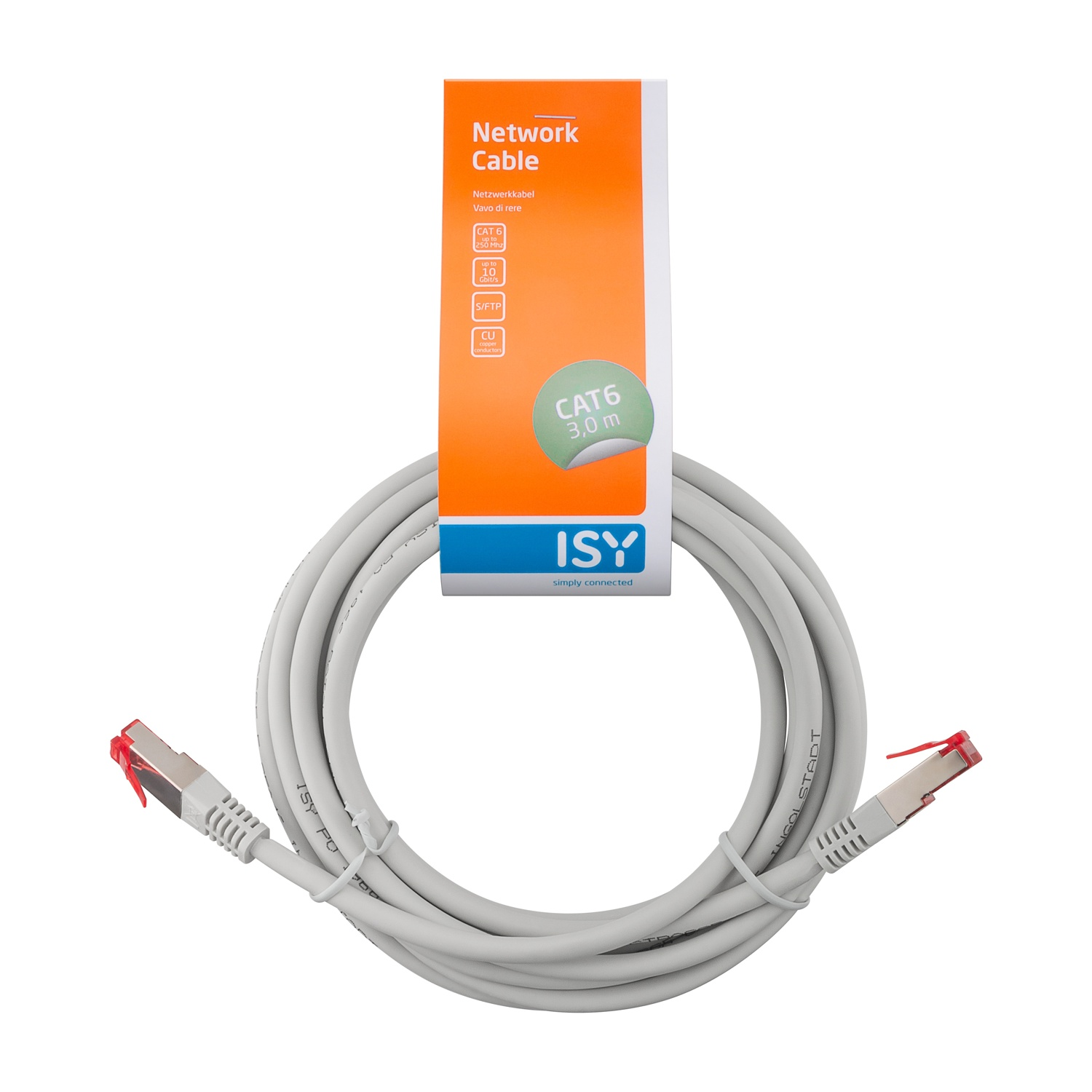 Un cavo di rete ISY grigio ad anello, con connettori rossi. La confezione è arancione e bianca, con CAT6 e il logo ISY.
