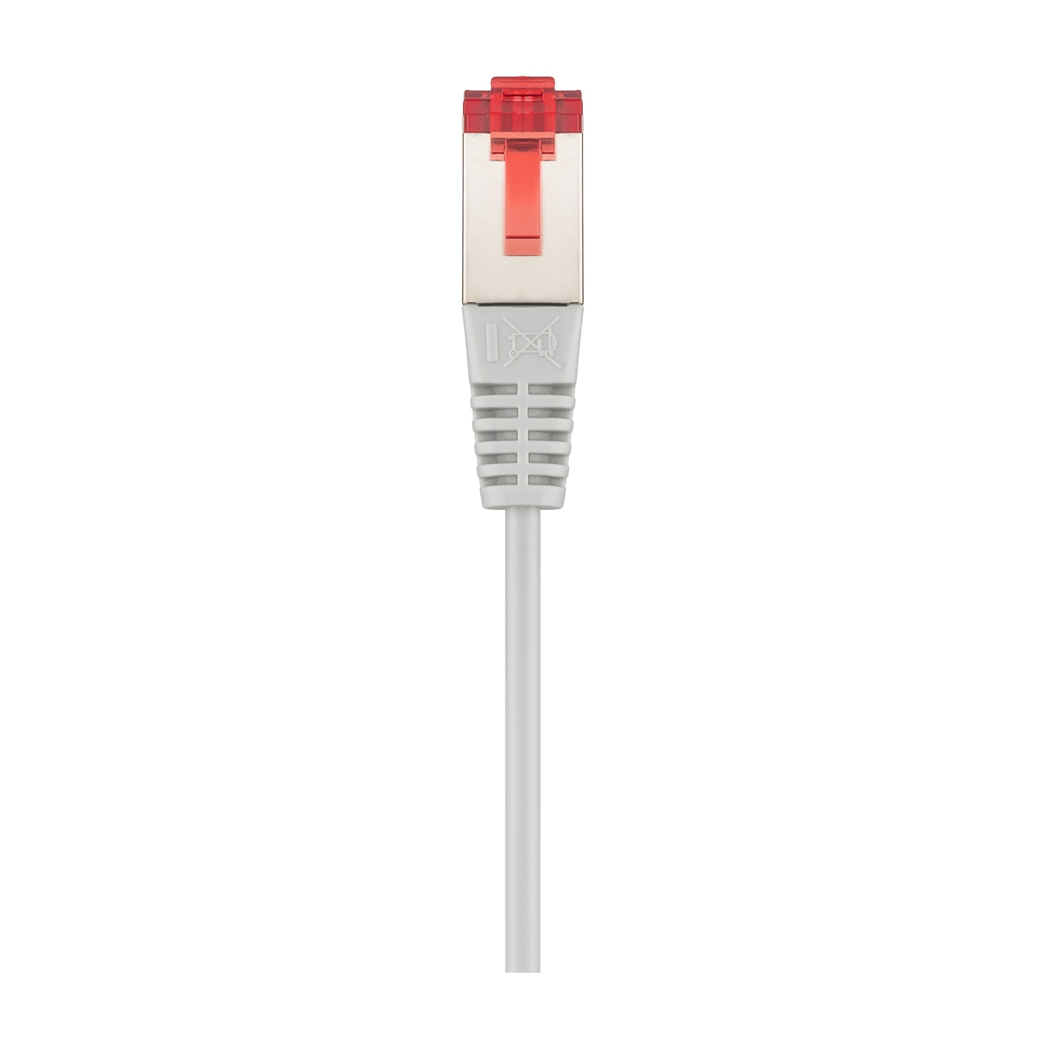 Un cavo Ethernet con connettore rosso. Il cavo è bianco con connettore grigio e copertura protettiva rossa.