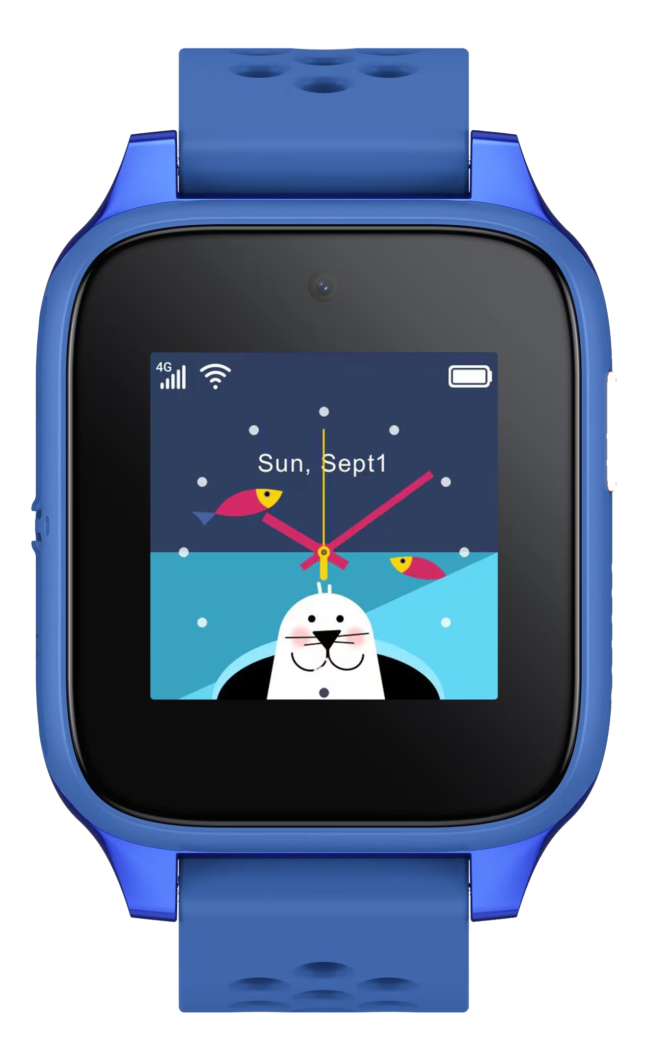 Smartwatch blu con volto di foca dei cartoni animati sullo schermo. Mostra la data e icone di pesci. I cinturini sono blu.