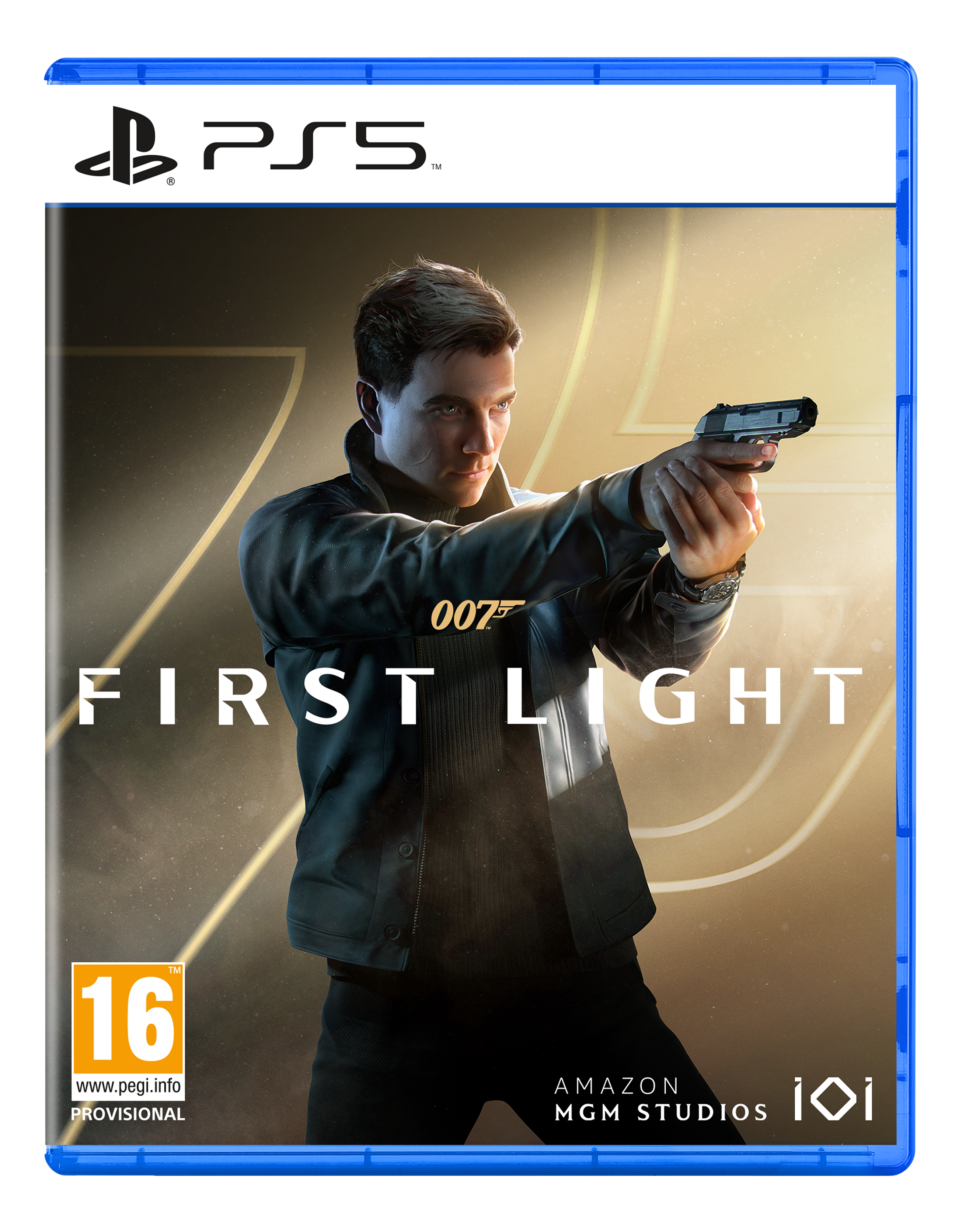 Ein PS5-Spielecover mit einem Mann, der eine Waffe hält, der Spieletitel lautet 'First Light' und das Logo ist '007'.