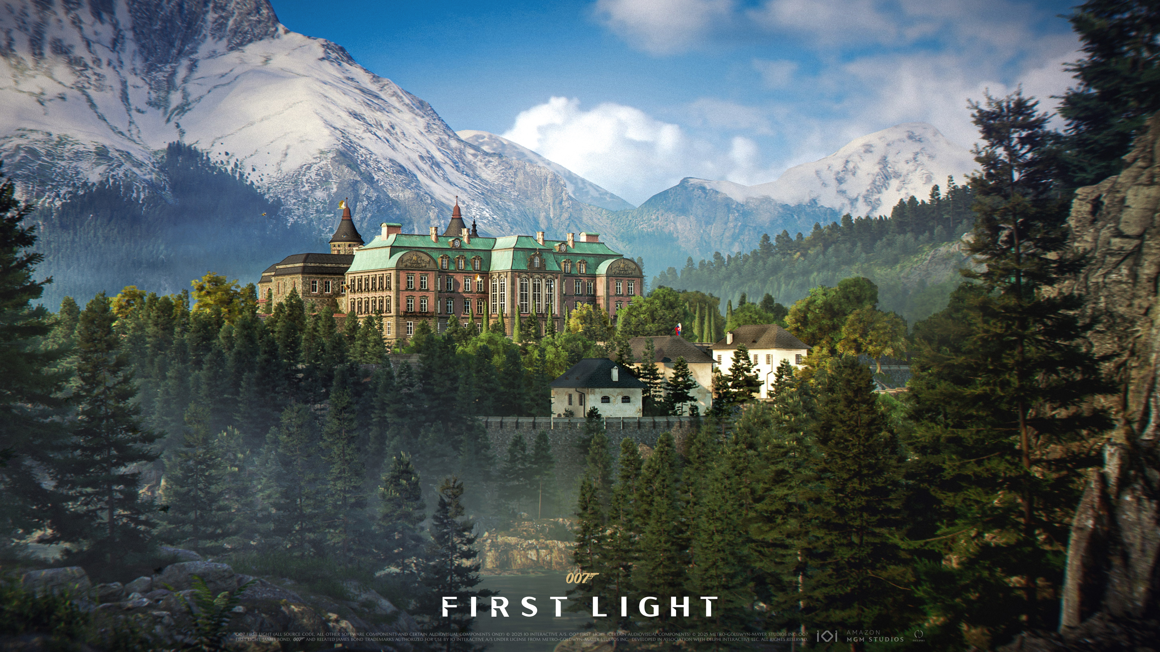 Des montagnes enneigées, un grand château et des arbres verts dominent la scène sous un ciel bleu. L'image est une affiche de film.