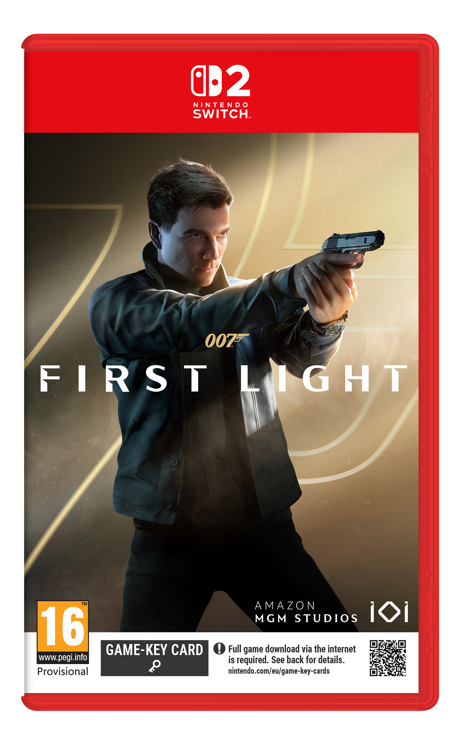 Spielcover: Mann mit Pistole, Titel 'First Light'. Nintendo Switch Logo.