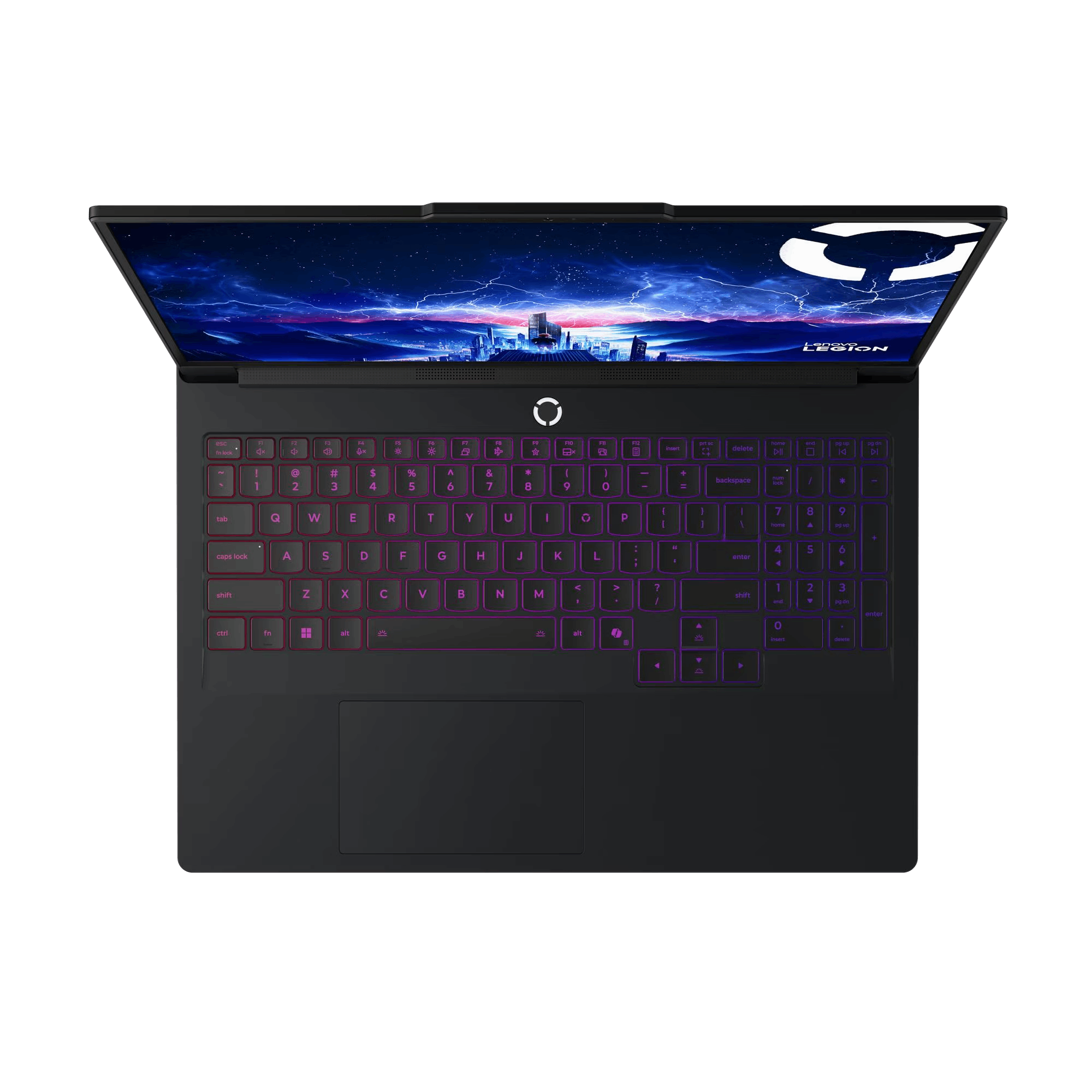 Vista superior de un portátil negro con teclado colorido. La pantalla muestra una escena nocturna de la ciudad.