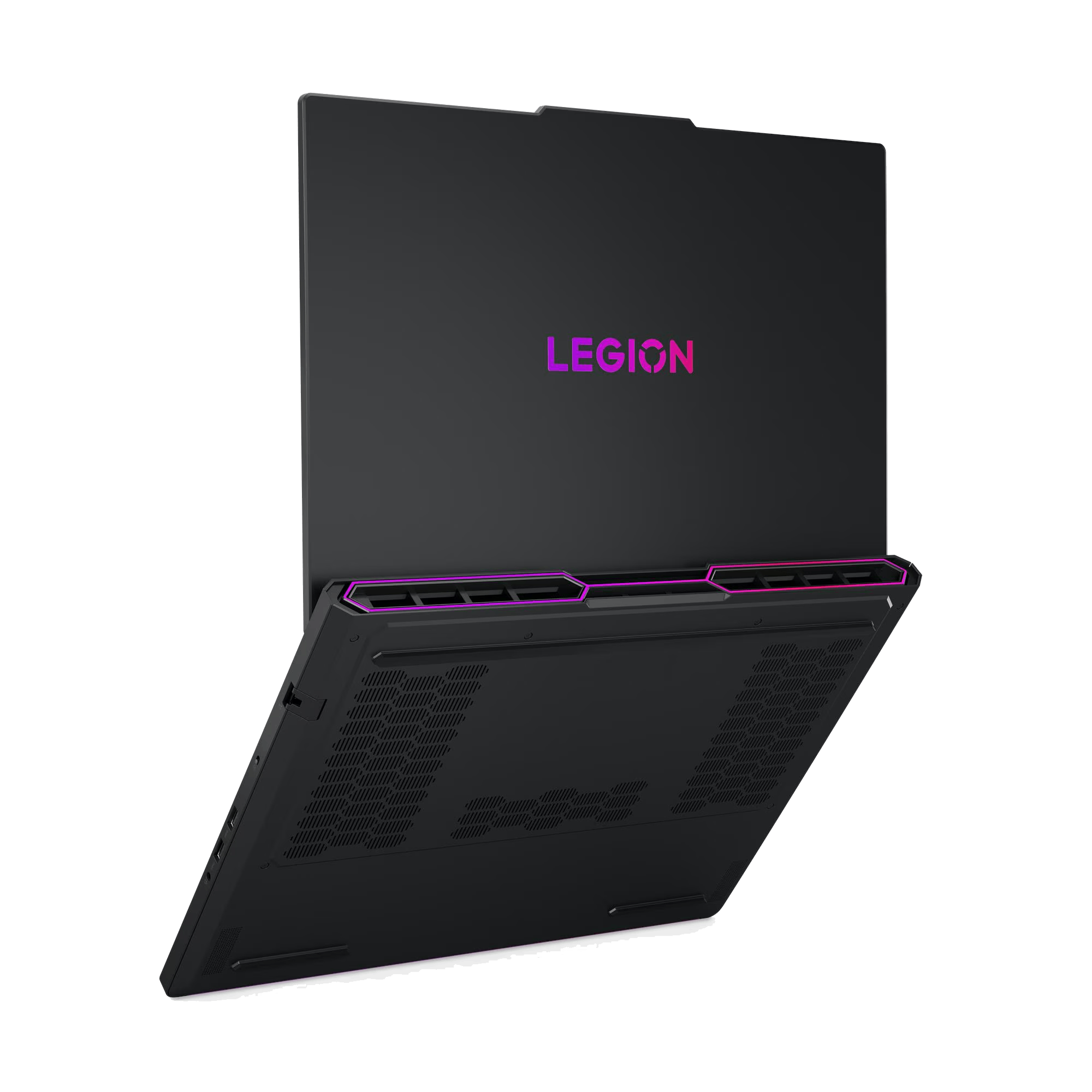 Laptop Legion negro, inclinado abierto. Logotipo Legion rosa arriba. Parte inferior muestra ventilación. Fondo negro.