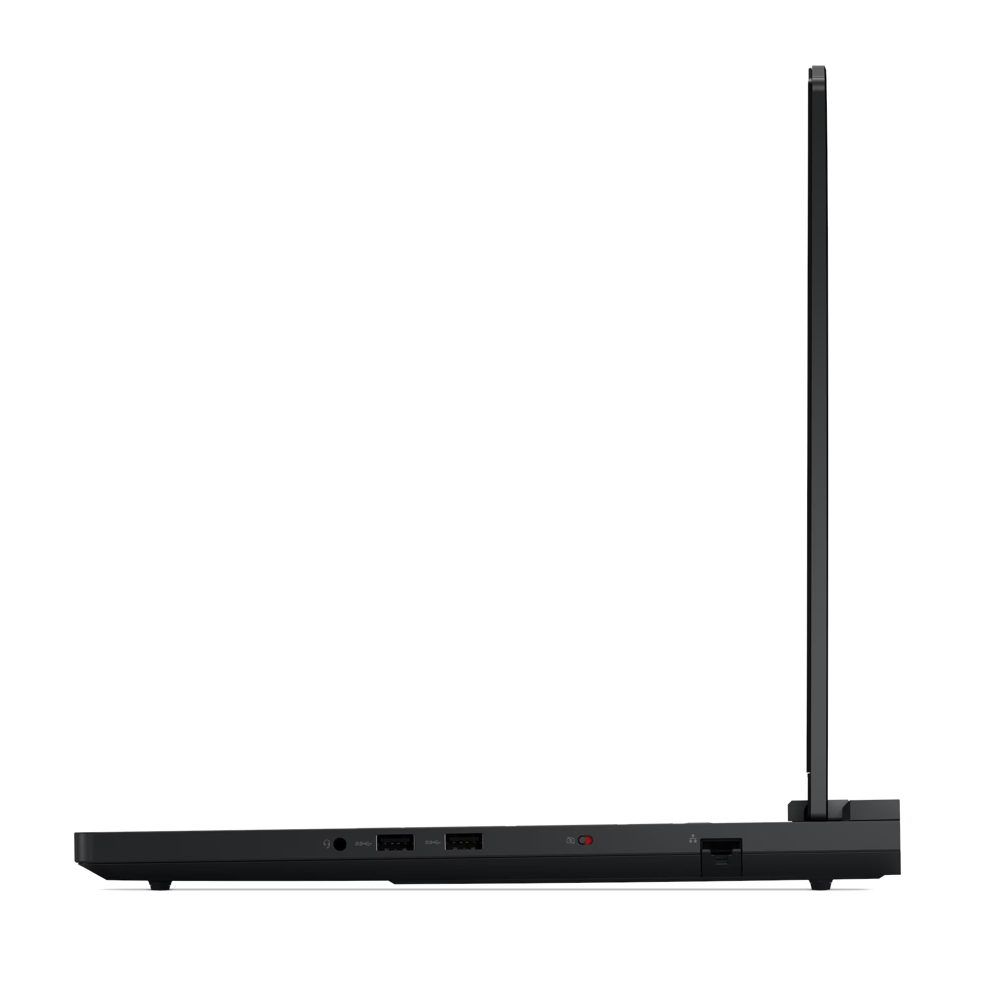 Vista lateral de un portátil negro. Pantalla abierta. Puertos visibles en el lateral, incluyendo USB, audio y alimentación.