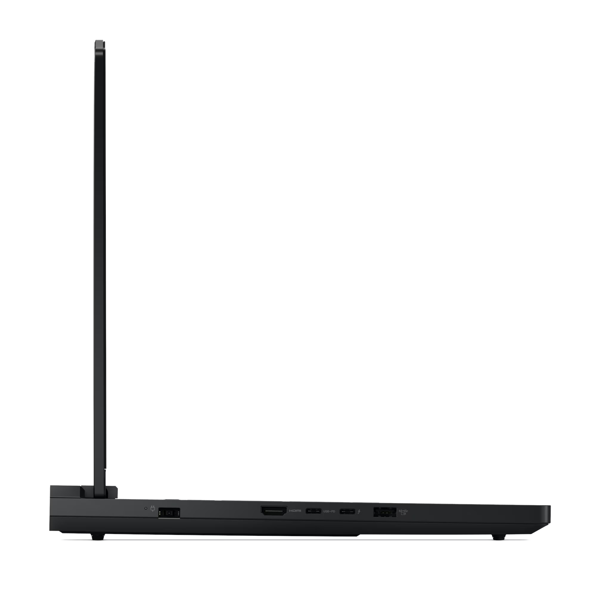 Vista lateral de un portátil negro. Pantalla abierta. Puertos: HDMI, USB-PD. Fondo negro.