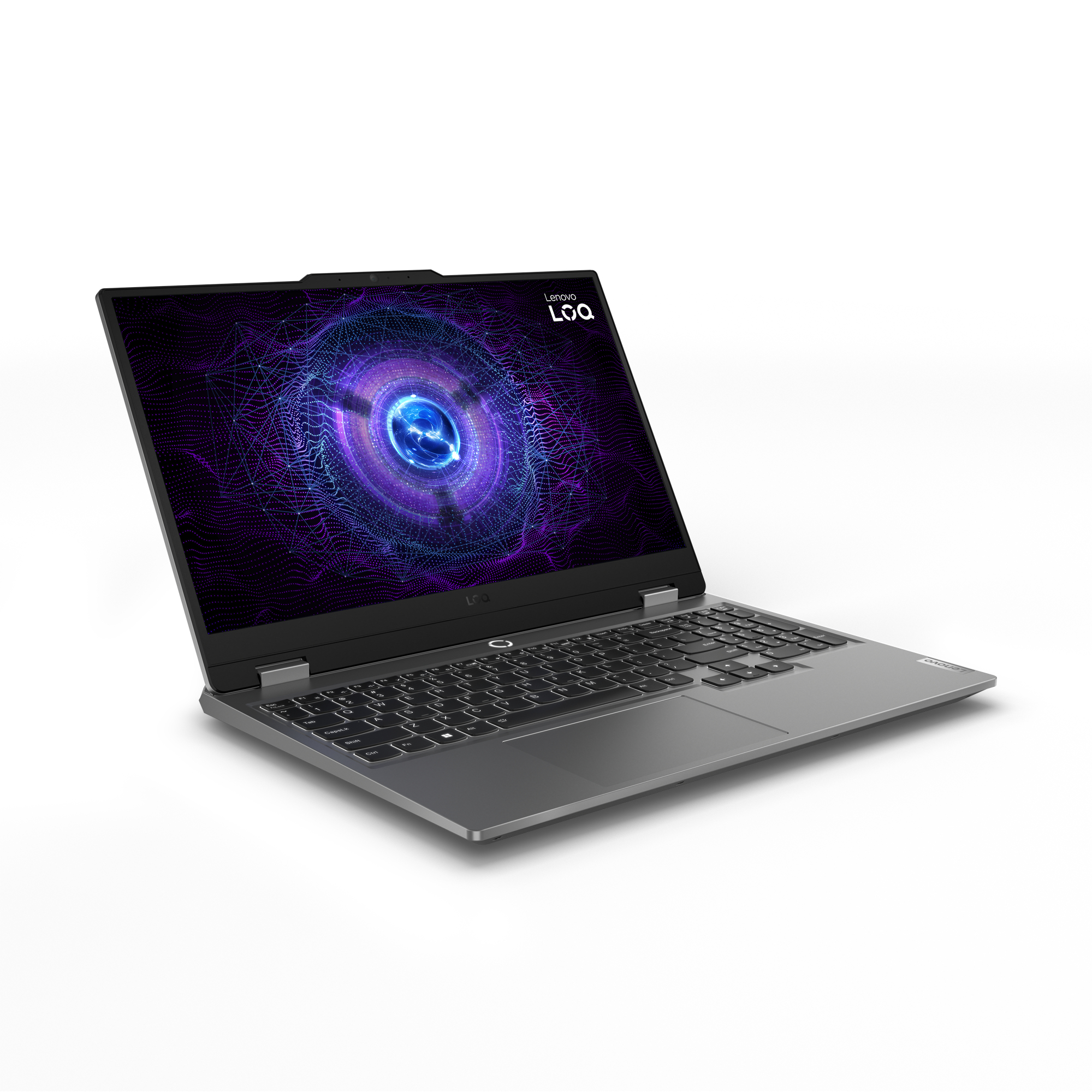 Un portátil Lenovo Loq está abierto, mostrando un diseño abstracto púrpura-azul, con teclado negro y marco gris, sobre fondo blanco.
