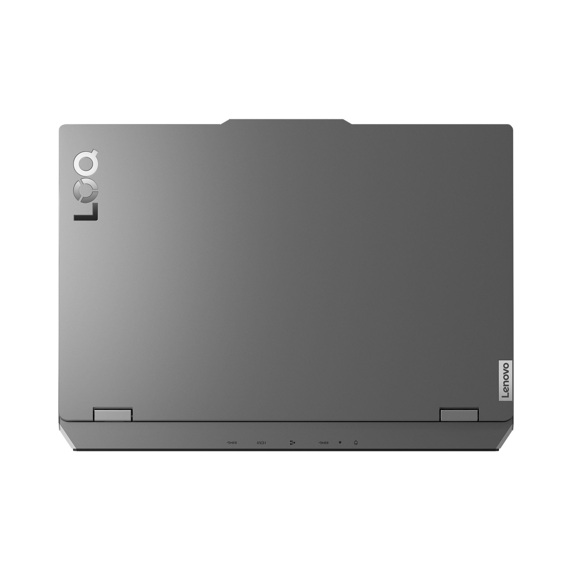 Se muestra una computadora portátil Lenovo gris desde arriba. El logotipo de Lenovo está a la derecha y el de Legion a la izquierda.
