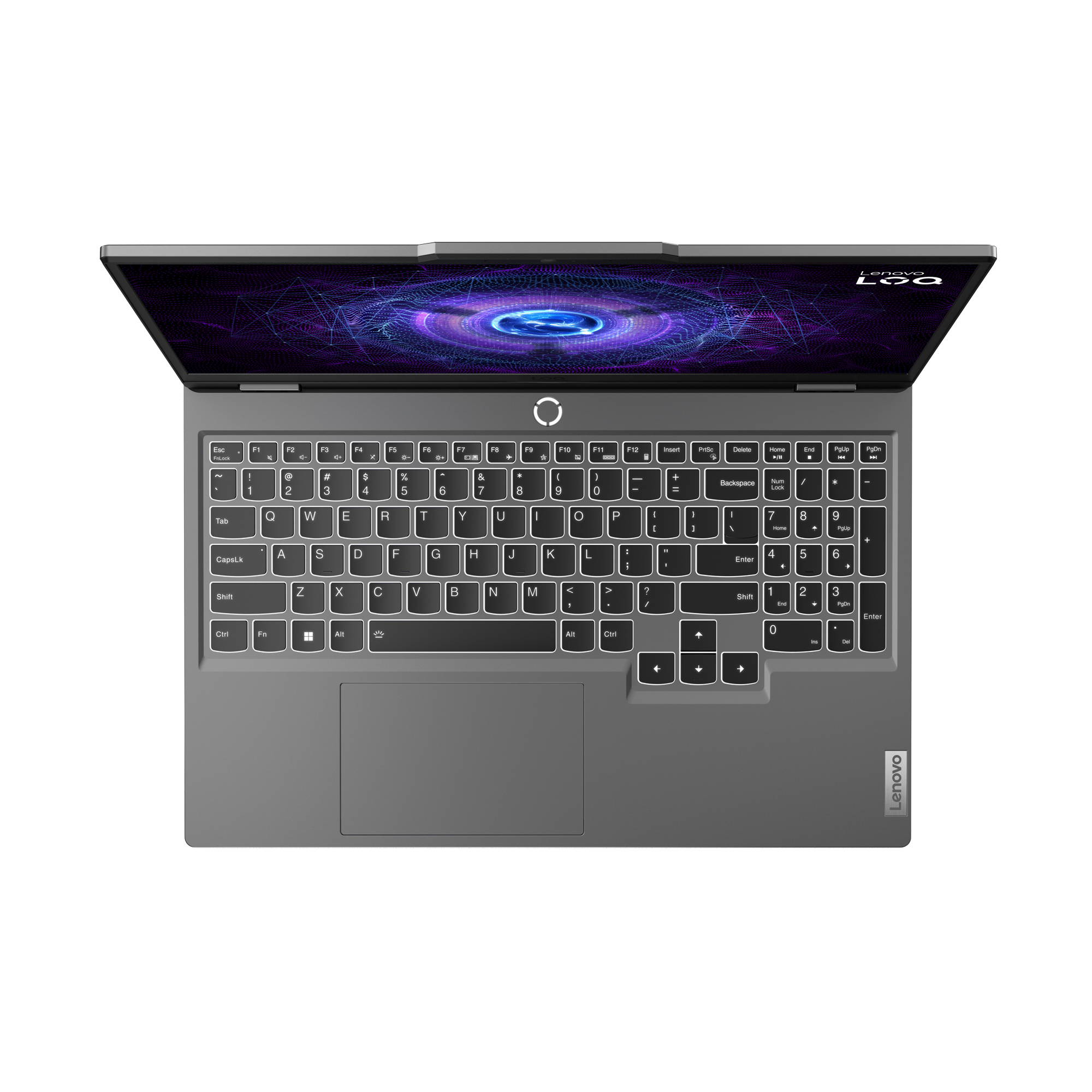 Una computadora portátil Lenovo LOQ está abierta. La pantalla muestra un diseño digital morado y azul. El teclado es gris con teclas blancas.