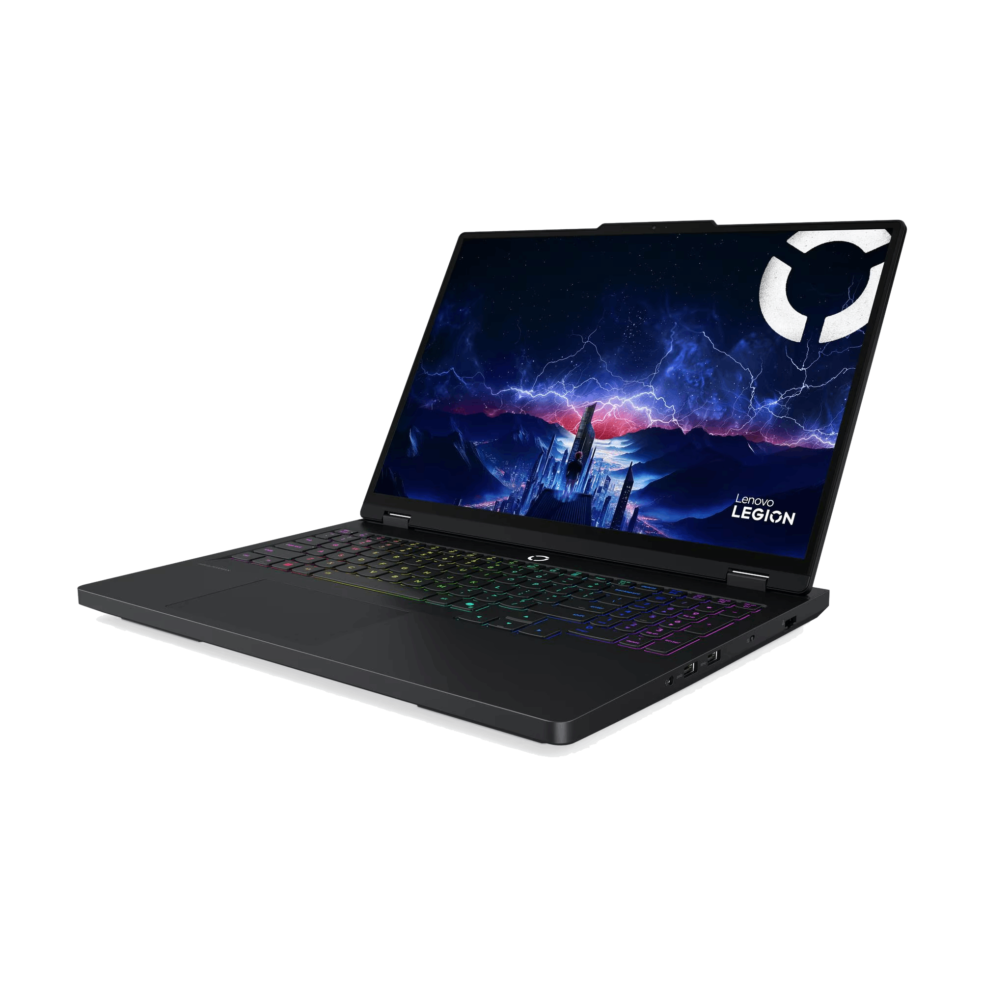 Laptop Lenovo Legion negro con teclado colorido. La pantalla muestra una ciudad con cielo tormentoso.
