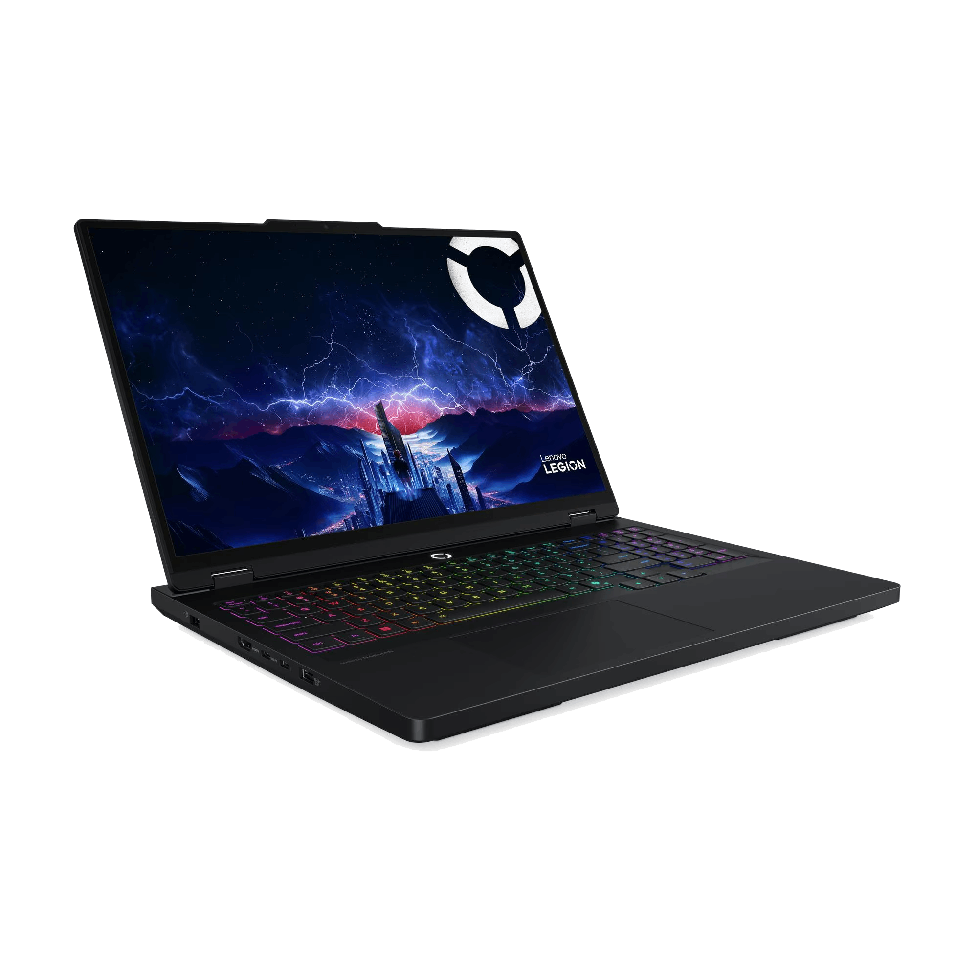Un portátil Lenovo Legion negro con teclado colorido. La pantalla muestra una ciudad con relámpagos. El fondo es negro.
