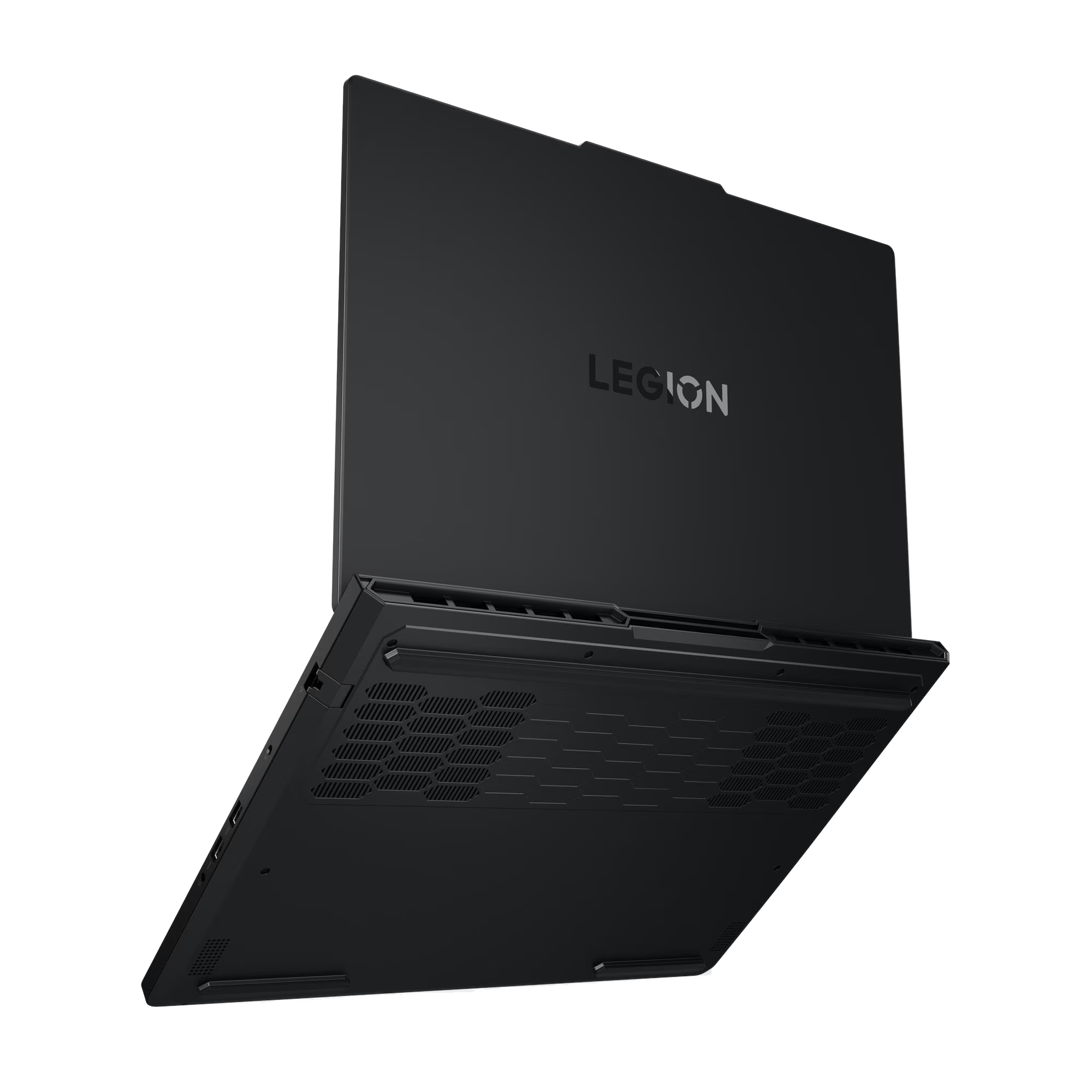 Una computadora portátil Legion negra está inclinada sobre un fondo negro. El logotipo de Legion es visible.