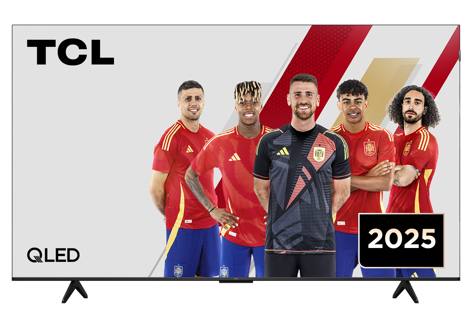 Televisor TCL muestra cinco futbolistas con camisetas rojas y negras. La pantalla muestra un gráfico rojo y blanco con el año 2025.