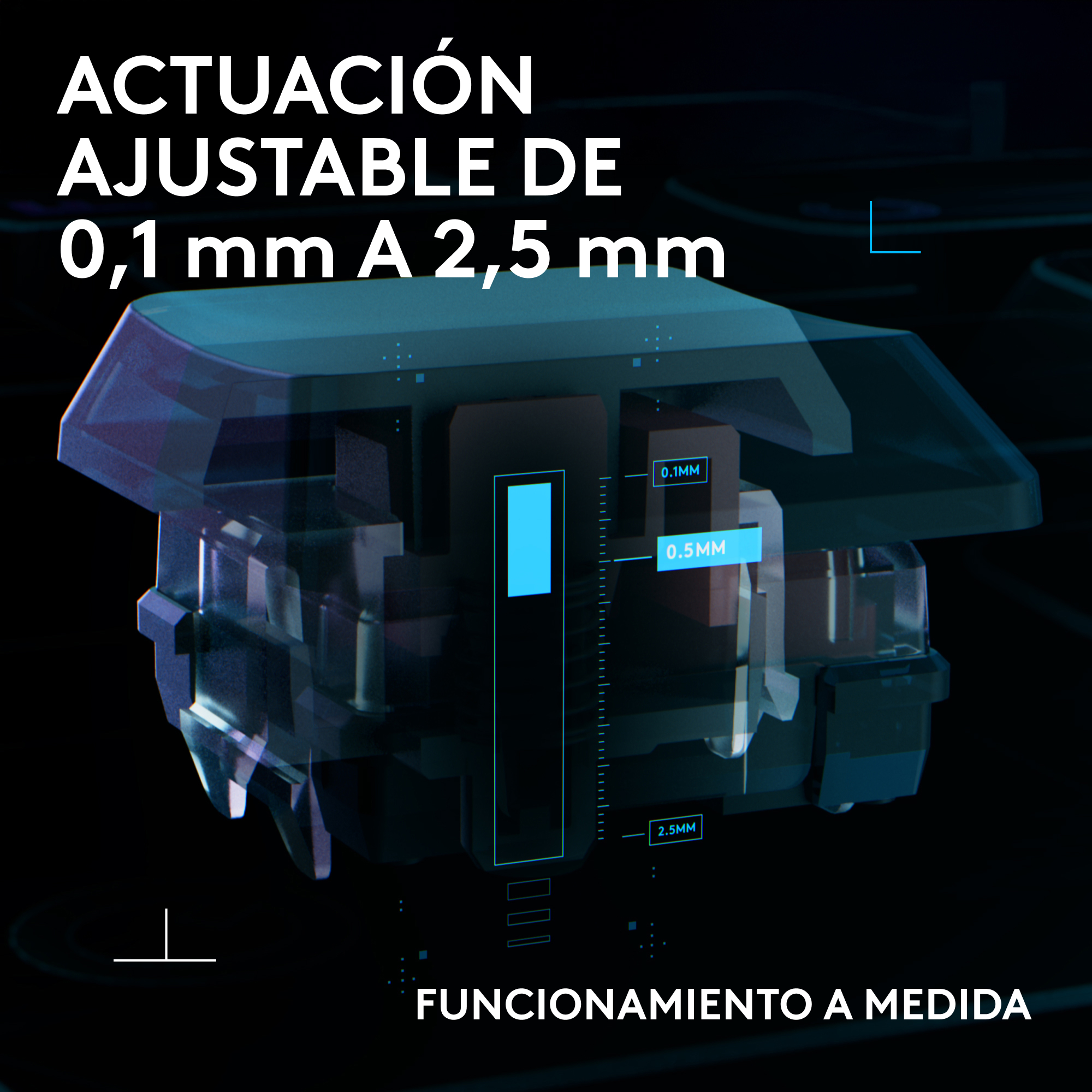 Imagen muestra un primer plano de un interruptor de teclado mecánico. El texto resalta la actuación ajustable de 0,1 mm a 2,5 mm.