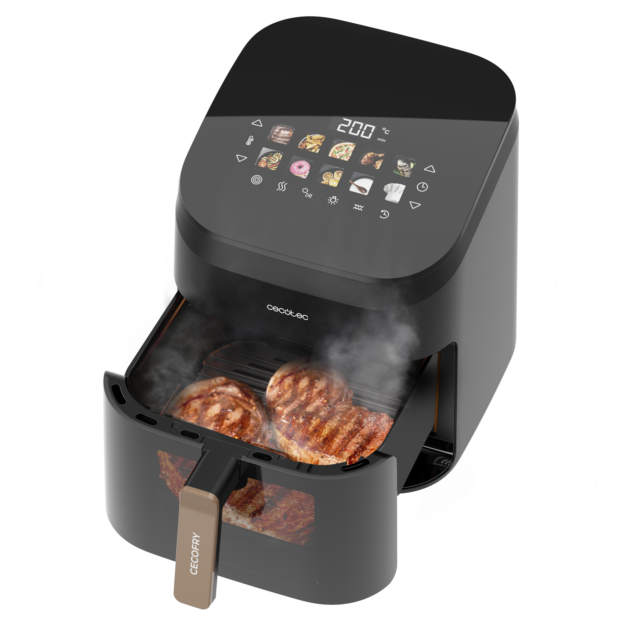 Freidora de aire negra con pantalla digital. Los filetes se están cocinando adentro. El vapor se eleva. Panel de control tiene iconos de cocina.