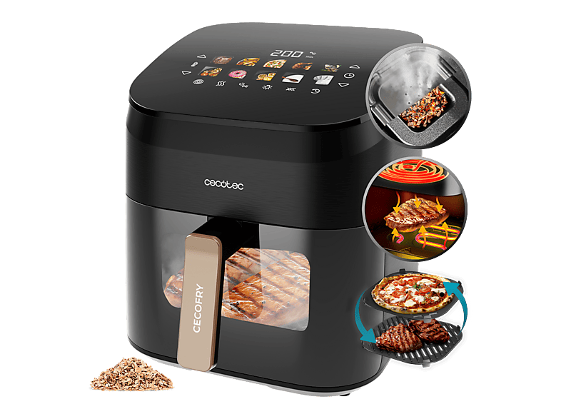 Freidora de aire - Cecotec Cecofry&Grill Smokin’ 6500, 2200W, 6.5L, Doble Resistencia, 10 Menús, Ahumador integrado, Pizza maker, Negro