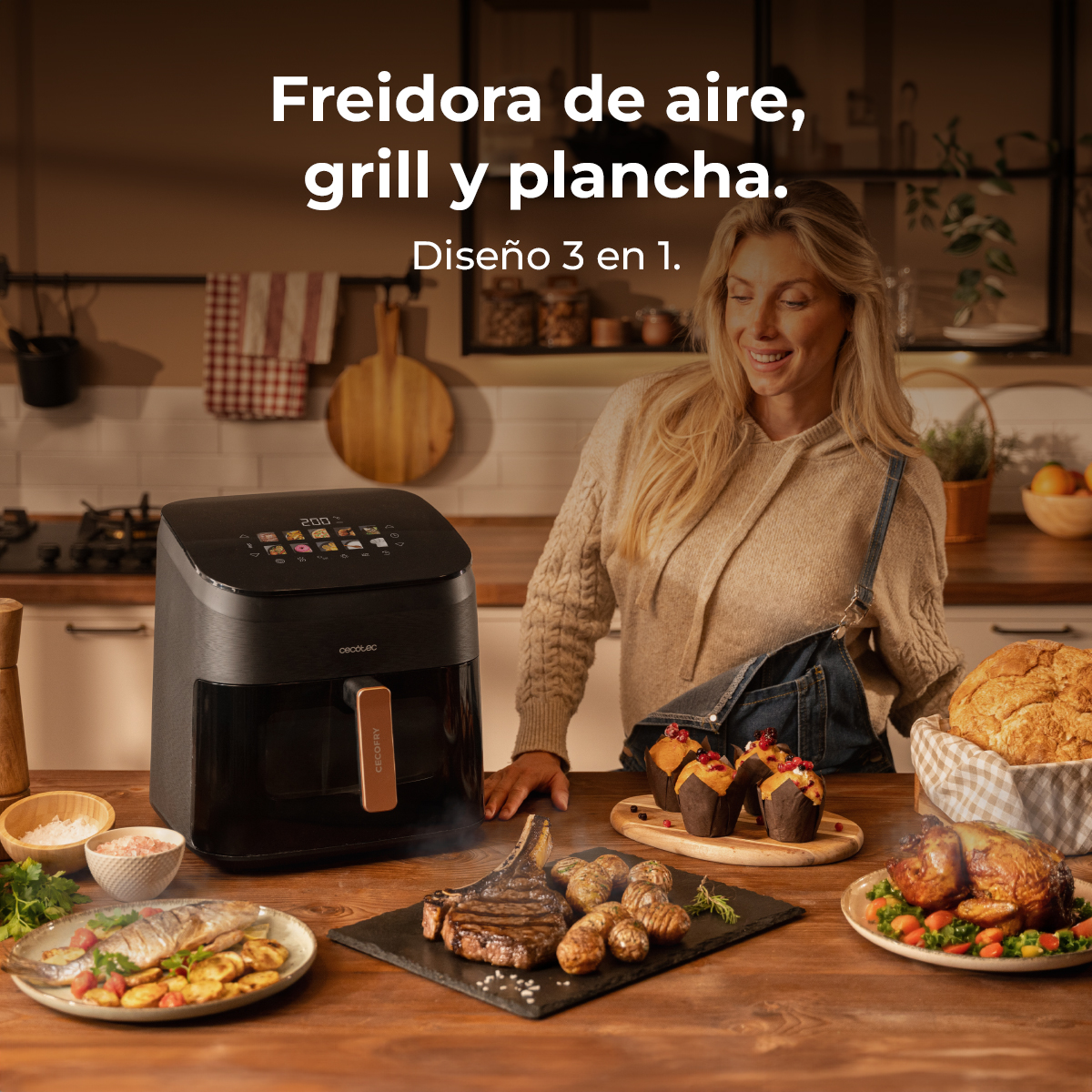 Una mujer sonríe a una freidora de aire en una mesa llena de comida: bistec, patatas, pollo asado, magdalenas y pan.