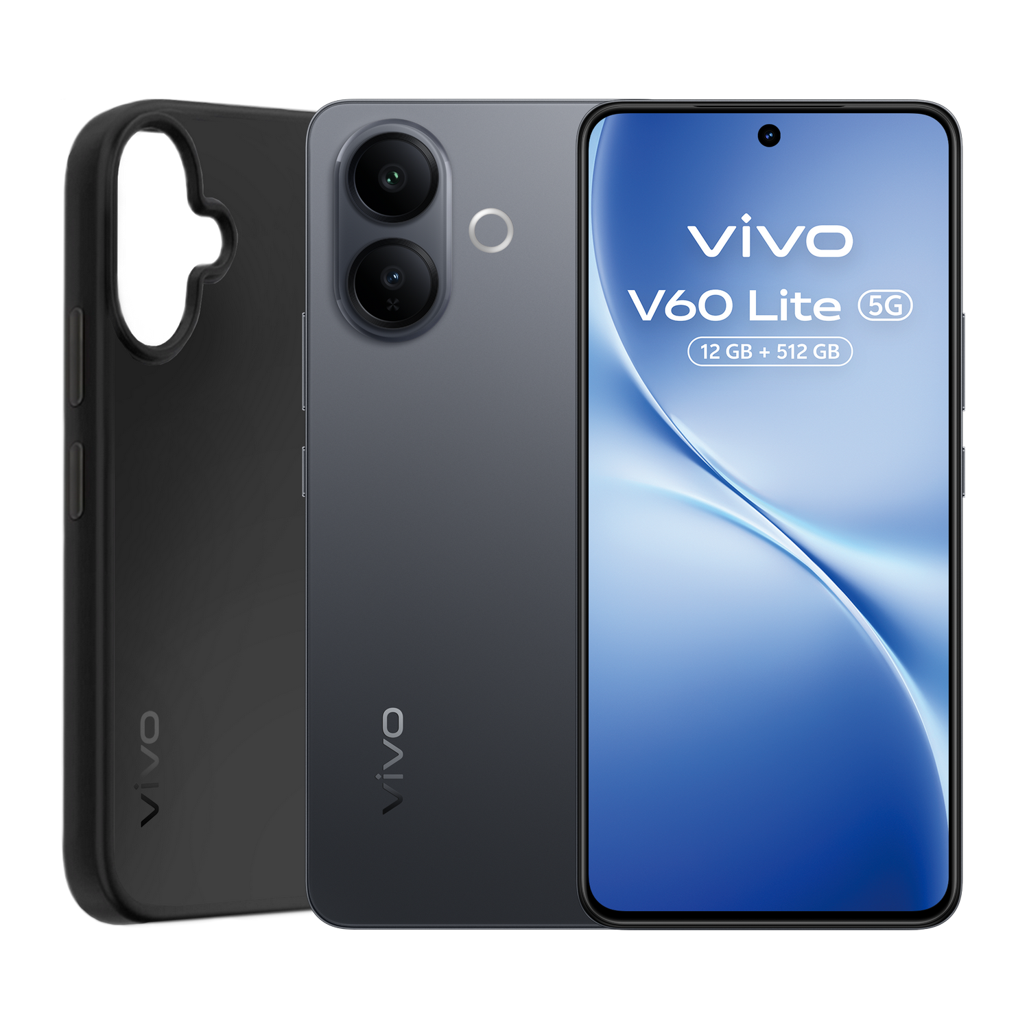 Teléfono Vivo V60 Lite 5G. Incluye una funda negra. El teléfono tiene una pantalla con degradado azul, dos cámaras y el logotipo de Vivo.