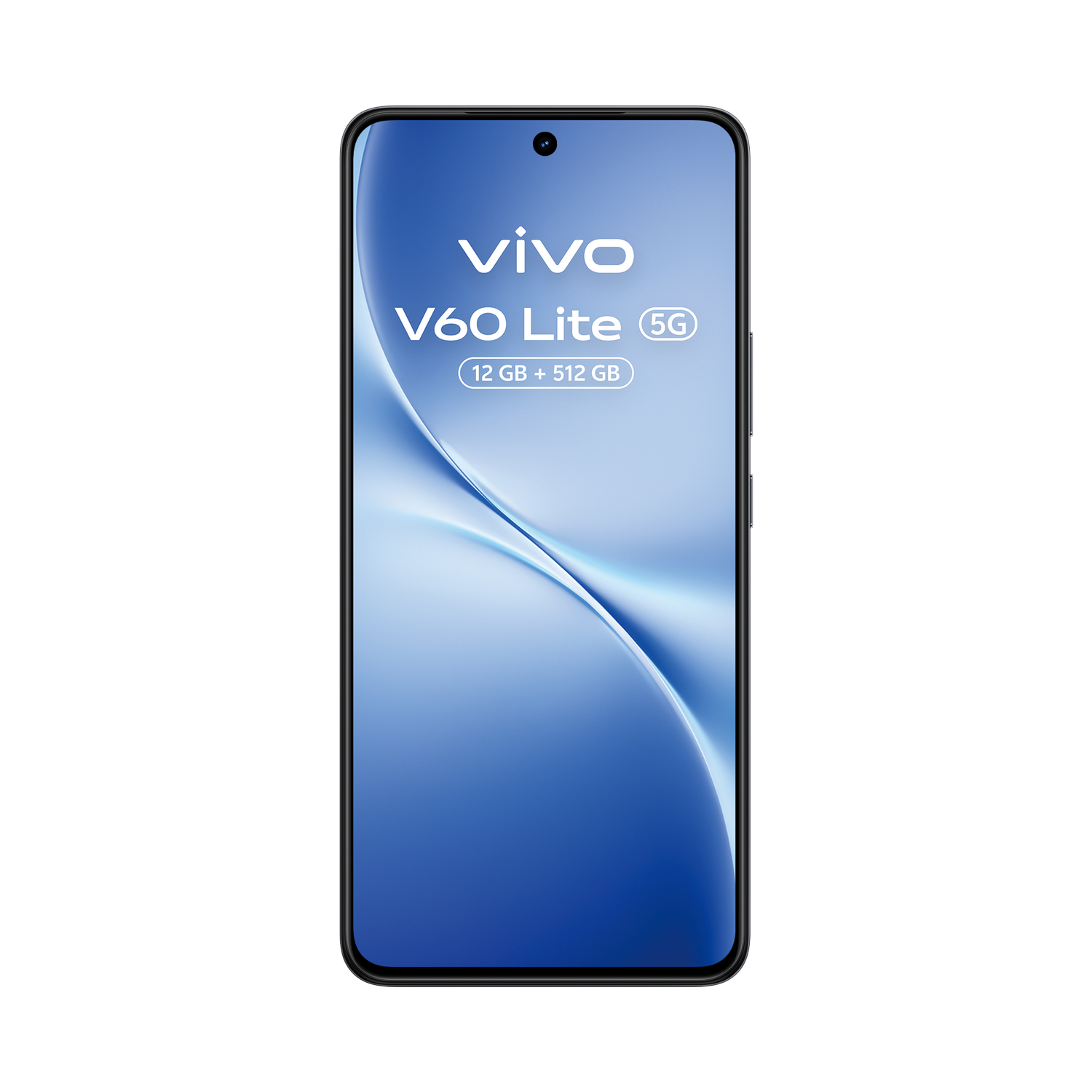 Un smartphone Vivo V60 Lite 5G sobre un fondo gris. La pantalla muestra un degradado azul con el nombre y las especificaciones del teléfono.