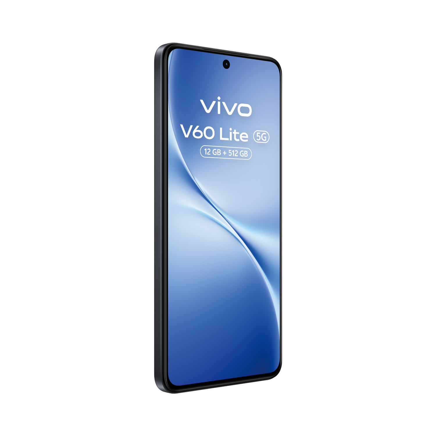 Un smartphone Vivo V60 Lite 5G, con una pantalla azul que muestra el nombre de la marca y especificaciones, sobre un fondo gris.