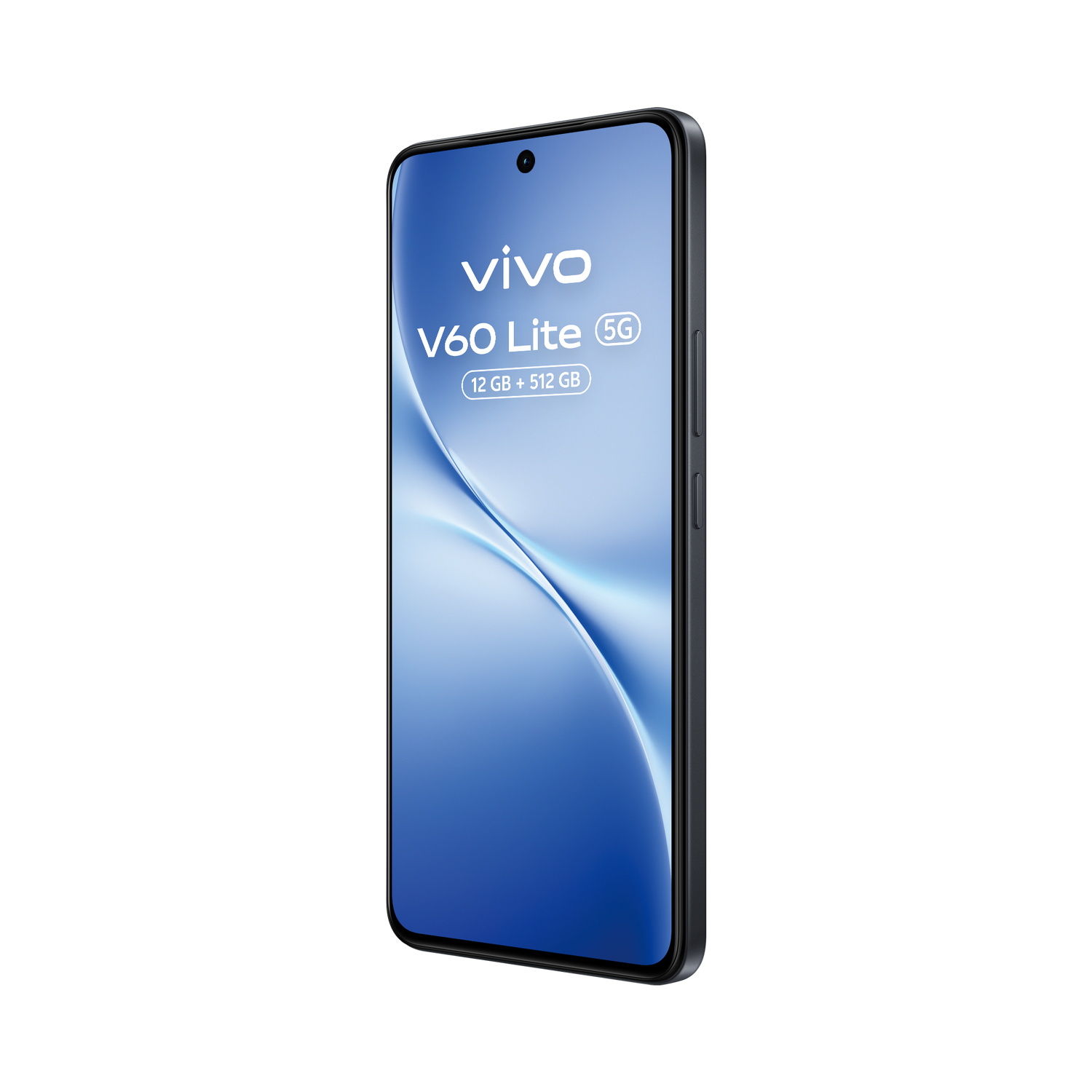 Un smartphone Vivo V60 Lite 5G. La pantalla muestra un degradado azul. El teléfono es negro y está en ángulo para mostrar los botones laterales.