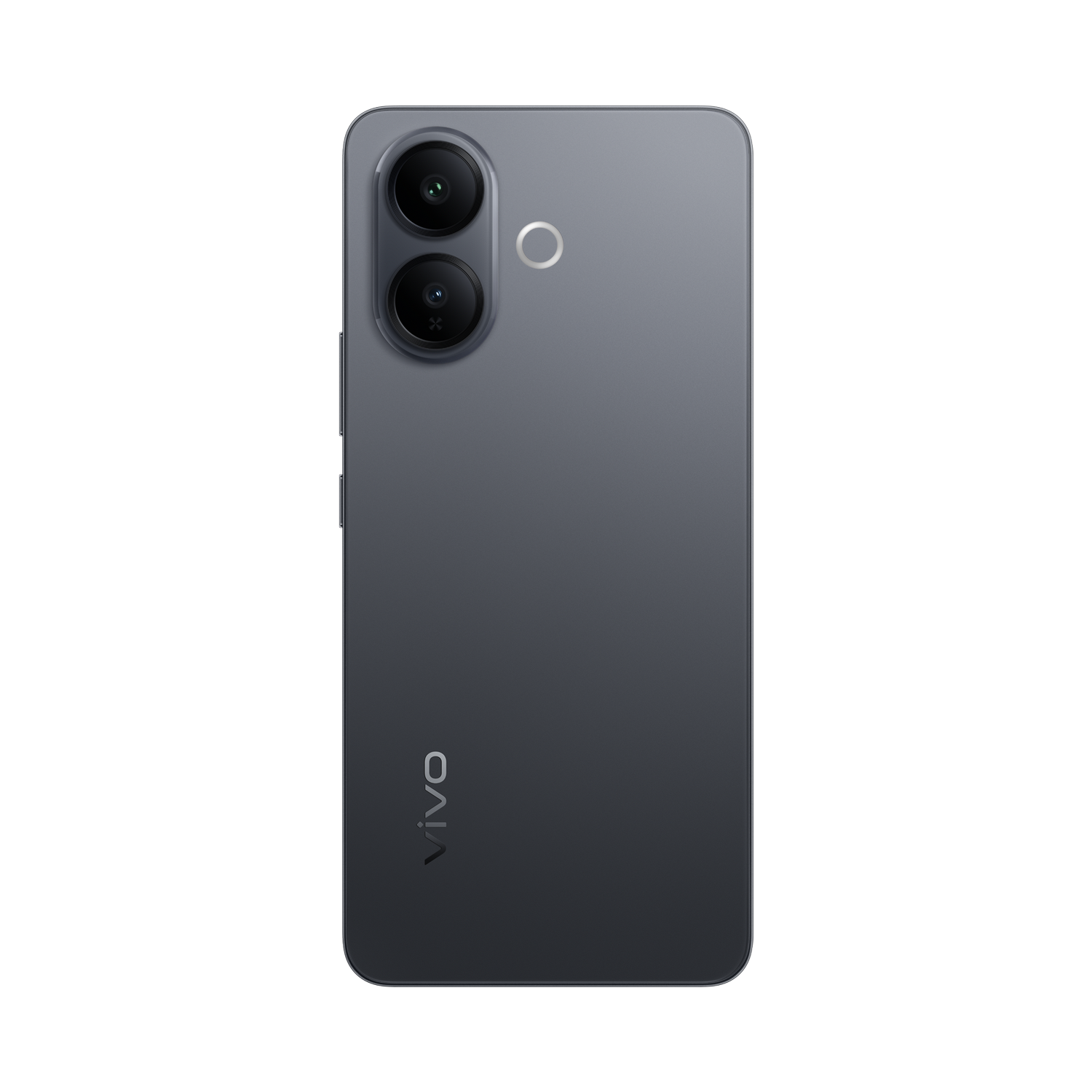 Parte trasera de un smartphone gris oscuro con dos lentes de cámara, un flash y el logo 'vivo'. Sobre un fondo gris.