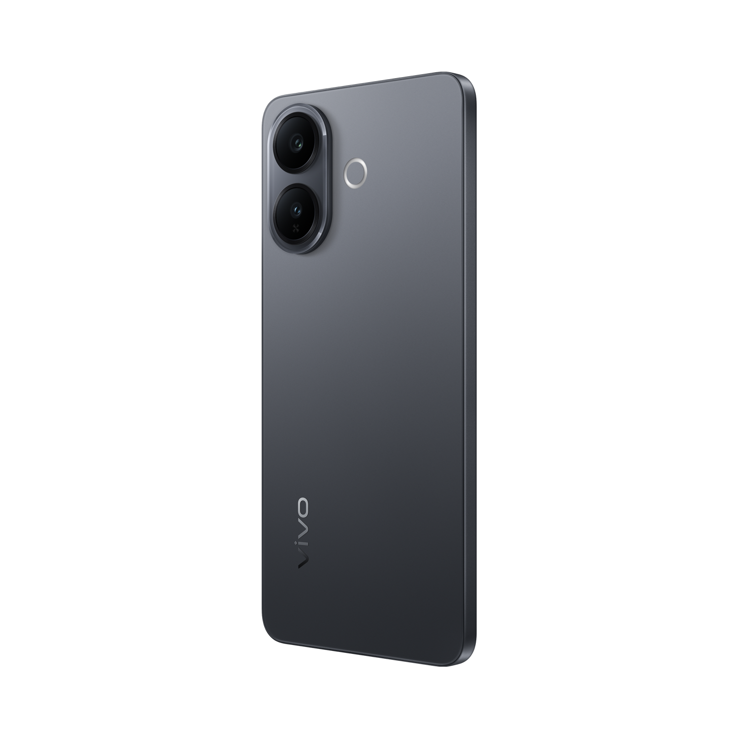 Un smartphone gris oscuro con configuración de doble cámara, el logotipo de Vivo y sensor de huellas dactilares sobre fondo gris.