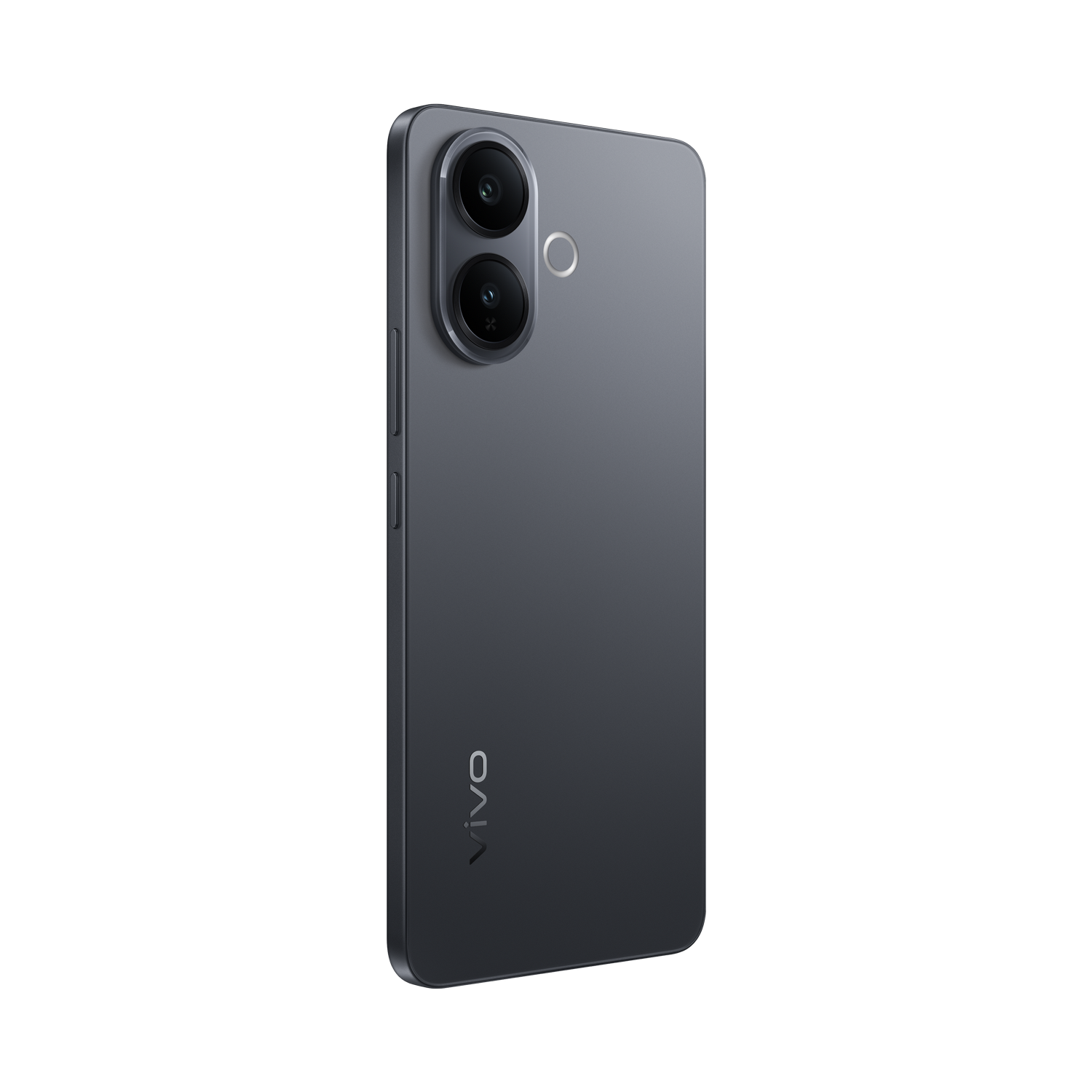 Un teléfono inteligente Vivo gris, vista en ángulo. Tiene cámara de doble lente, sensor de huellas dactilares y el logotipo de Vivo. El fondo es gris.