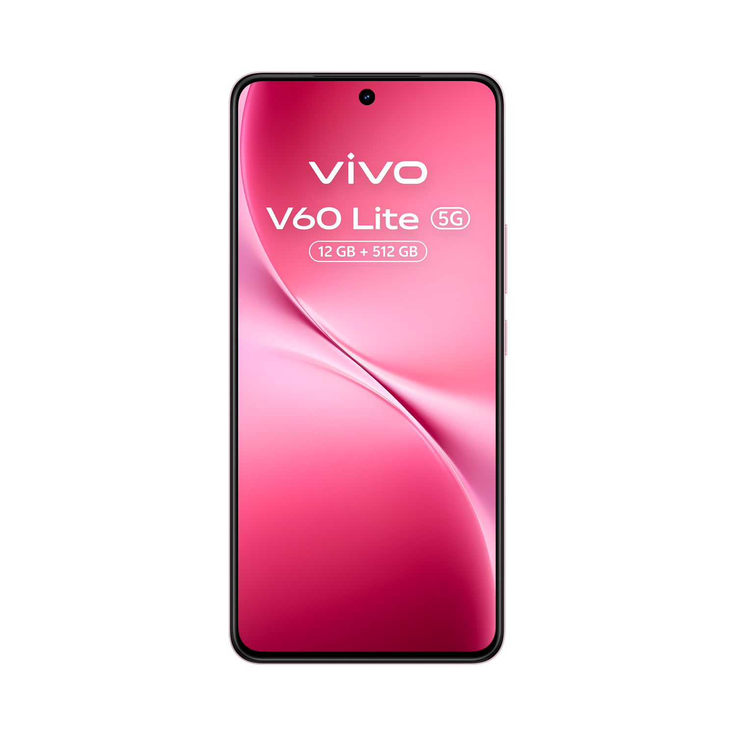 Un smartphone con pantalla rosa muestra el logotipo Vivo V60 Lite 5G. El teléfono está sobre un fondo gris.