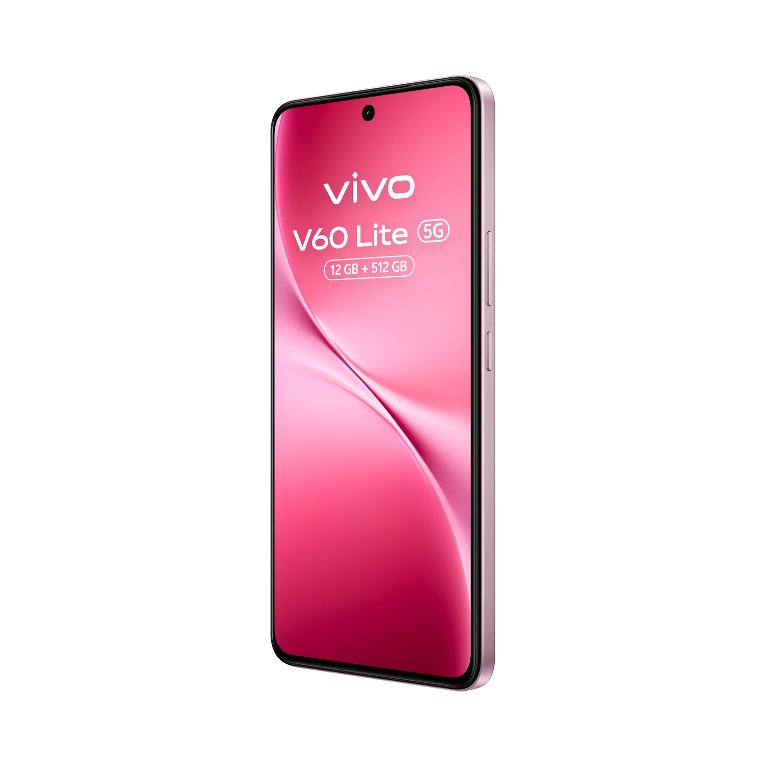 Un teléfono inteligente Vivo V60 Lite 5G rosa sobre un fondo gris. La pantalla muestra el logotipo y las especificaciones de Vivo.
