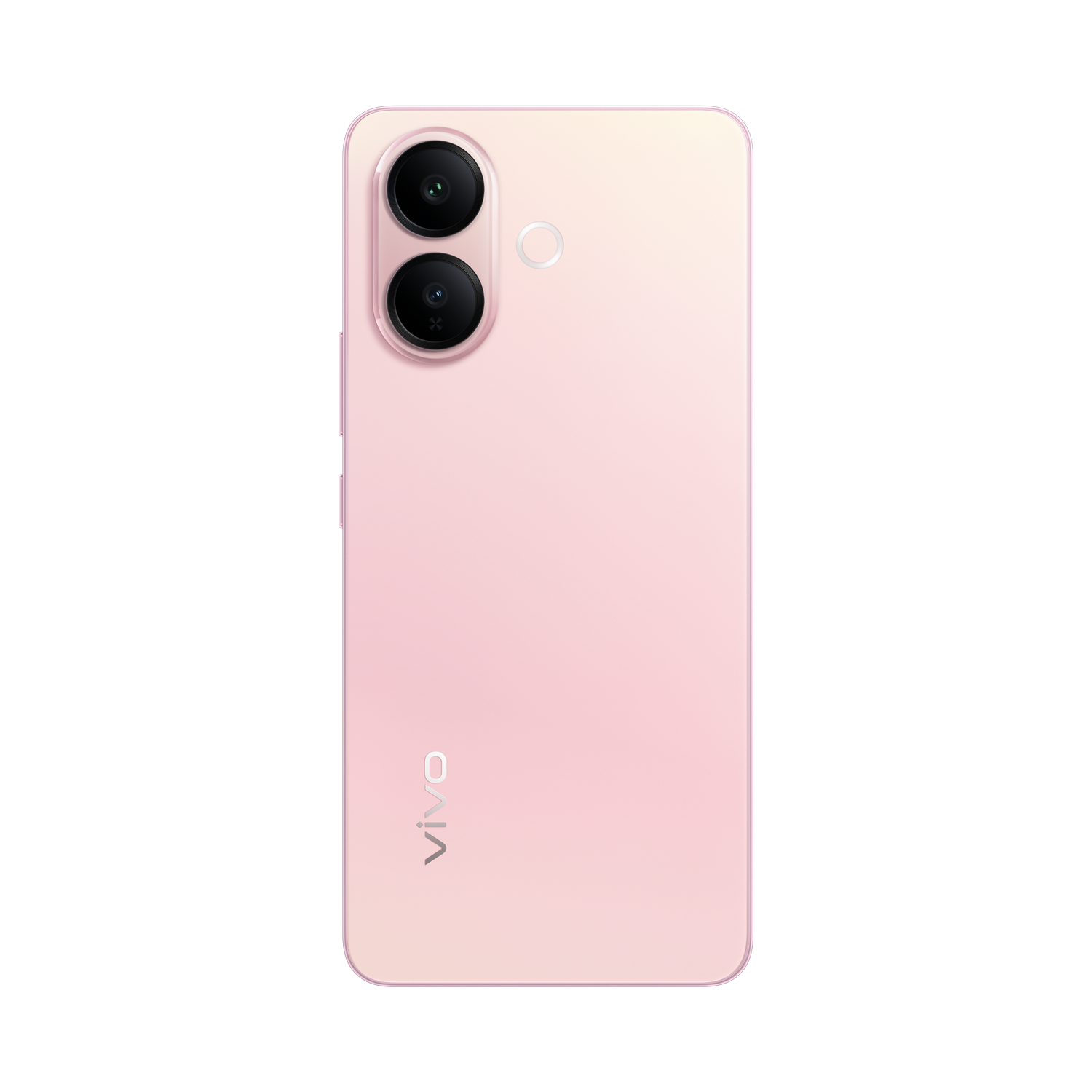 Parte trasera de un smartphone Vivo rosa sobre fondo gris. Dos lentes de cámara negras en la parte superior. Logotipo Vivo visible.