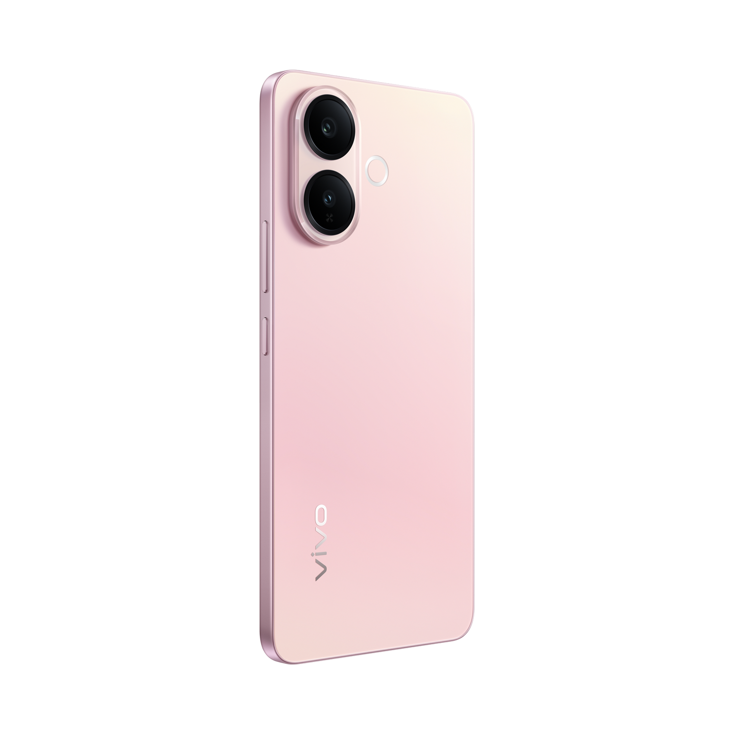 Un teléfono inteligente Vivo rosa inclinado hacia la derecha. Tiene dos lentes de cámara y un flash en la parte superior izquierda. El logotipo de Vivo está en la parte inferior.