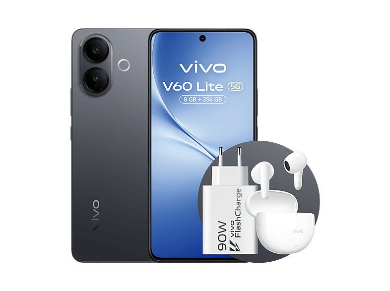 vivo V60 Lite, Negro, 256GB, 8GB RAM, 6.77 AMOLED de120Hz, Dimensity 7360-Turbo, 6500 mAh, Incluye Cargador y Auriculares