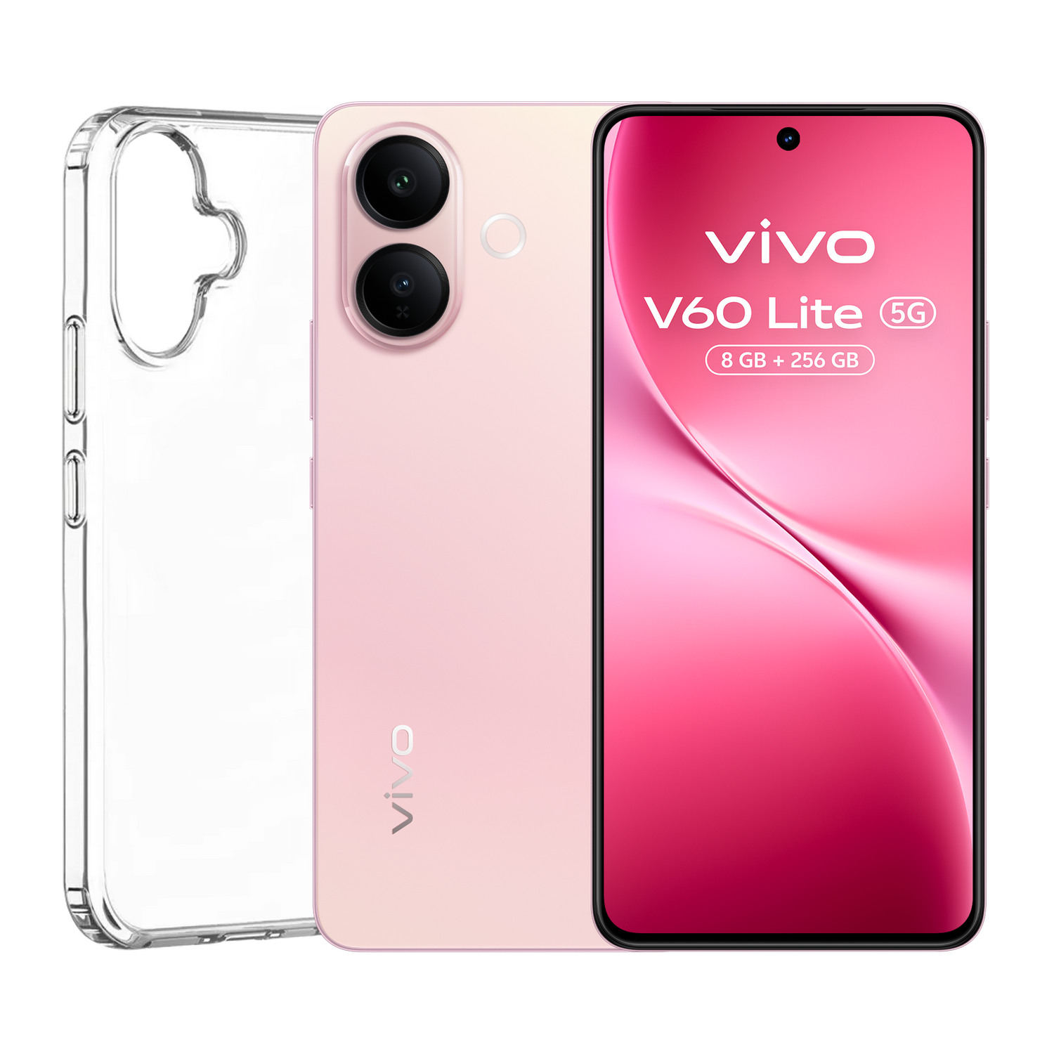 Un teléfono rosa Vivo V60 Lite 5G con una funda transparente, mostrando la pantalla con la marca y especificaciones del teléfono.